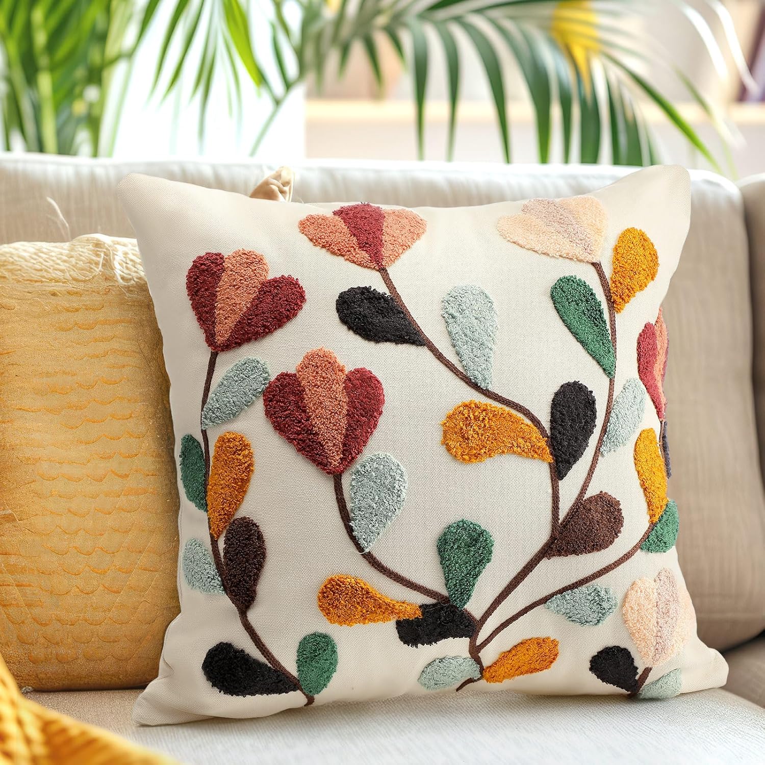 FuWeave 2 Pcs Boho Floral Embroidered Decorative Throw Pillow Covers with Zipper 18 x 18 Inch Colorful Boho Embroidered Pillow Covers Aesthetic Decor for Couch Sofa Housewarming Gifts