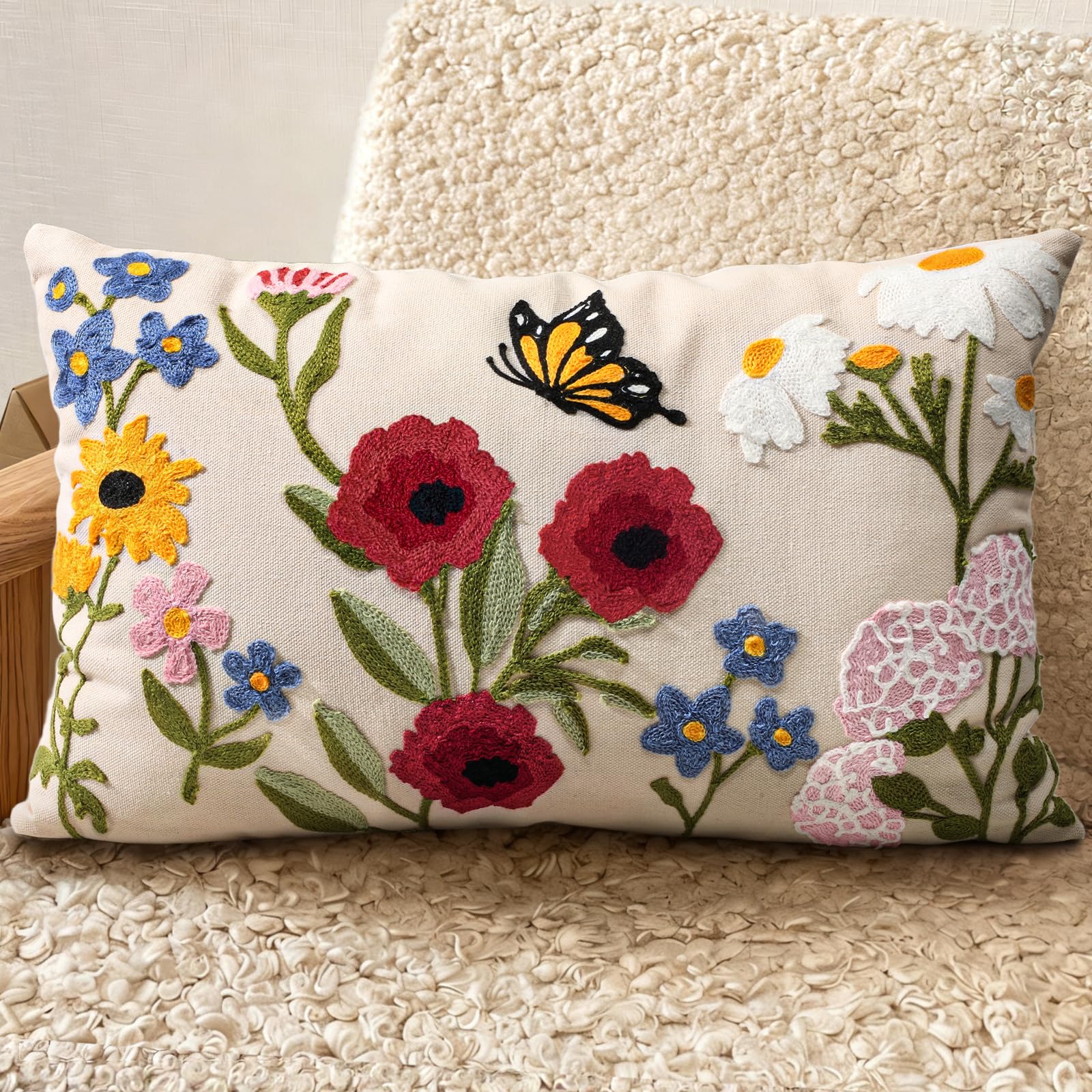 Embroidered Throw Pillow Cover 18x18 Inch - Spring Summer Boho Decorative Pillow Cover with Zipper for Living Room Couch Sofa Bed Aesthetic Design Flower Cluster Cushion Pillowcase