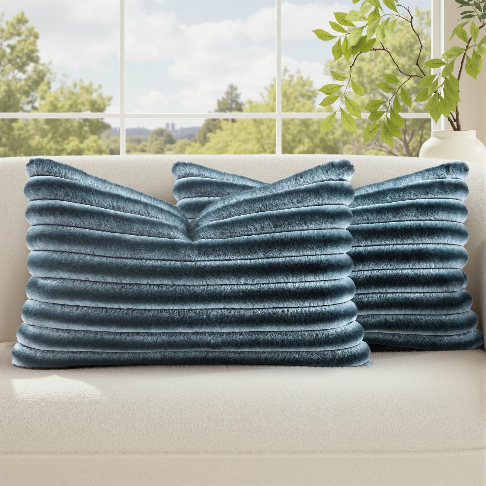 decorUhome Cozy Faux Fur Throw Pillow Covers 18x18 Set of 2 Decorative Soft Plush Striped Modern Farmhouse Boho Couch Pillow Cases with Velvet Back for Sofa Bed Living Room, Khaki Brown
