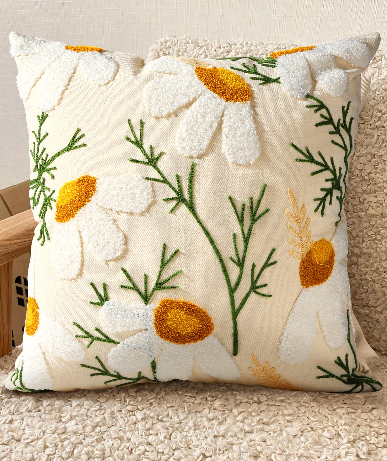 Embroidered Throw Pillow Cover - 18x18 Decorative Pillow Cover with Zipper Aesthetic Cute Design Boho Spring Summer Cozy Throw Pillowcase for Living Room Couch Sofa Bed, White Daisy