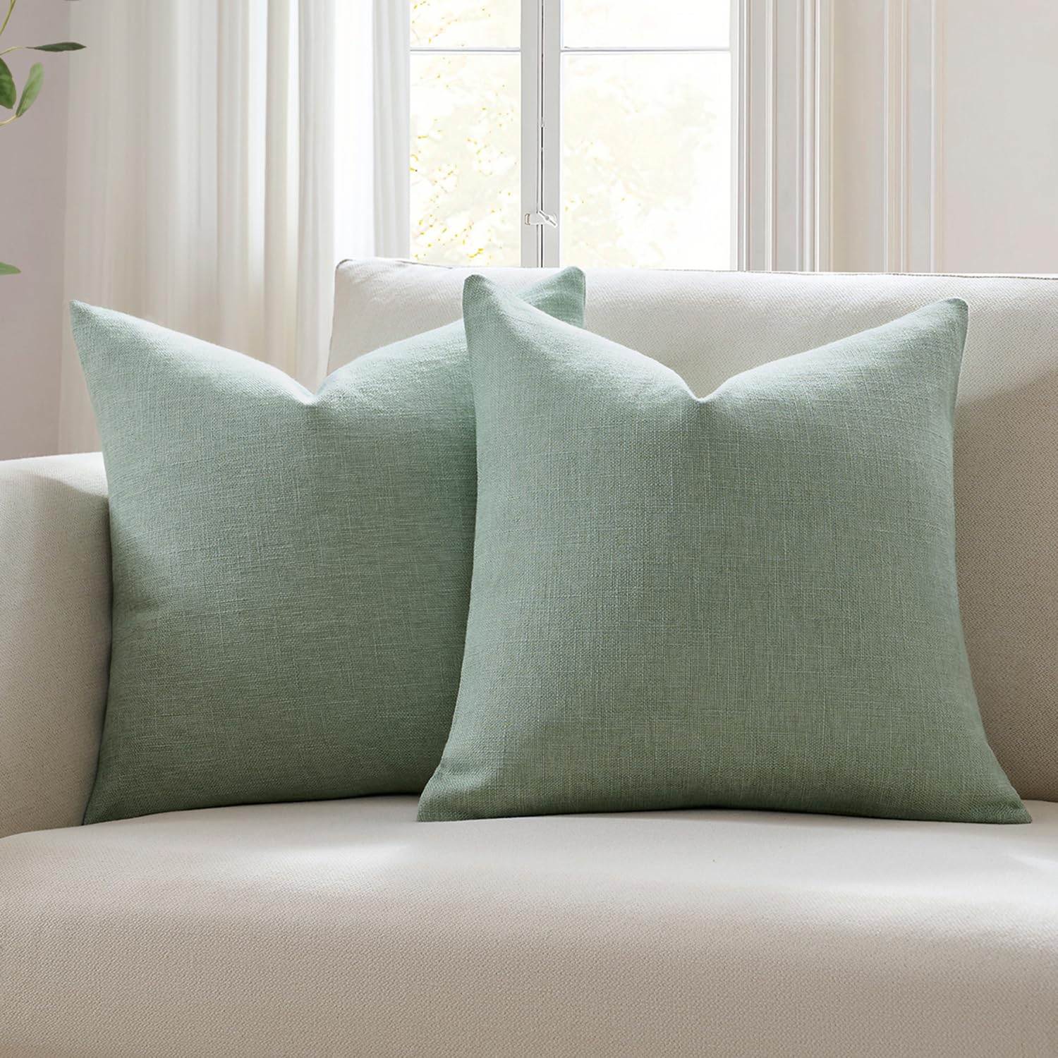 Meekio Set of 2 Ivory Throw Pillow Covers 22x22, Modern Farmhouse Linen Blend Decorative Pillow Covers for Couch Sofa Bed, Neutral Home Decor