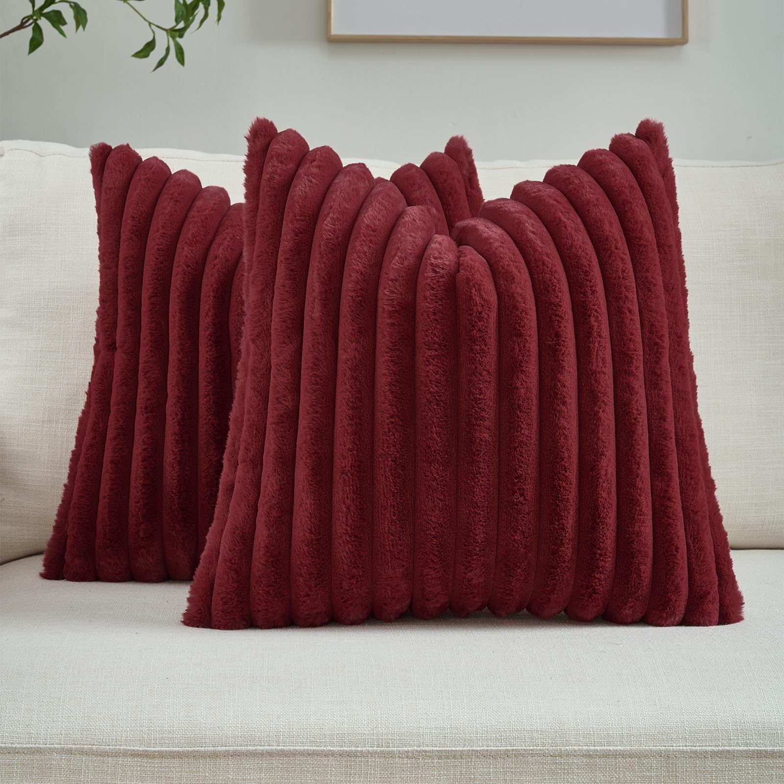 FUTEI Pack of 2 Solid Faux Fur Plush Throw Pillow Covers 18x18 Inch Soft Fluffy Striped Decorative Cushion Cases Modern Farmhouse Accent for Couch Bed Living Room, Cream White