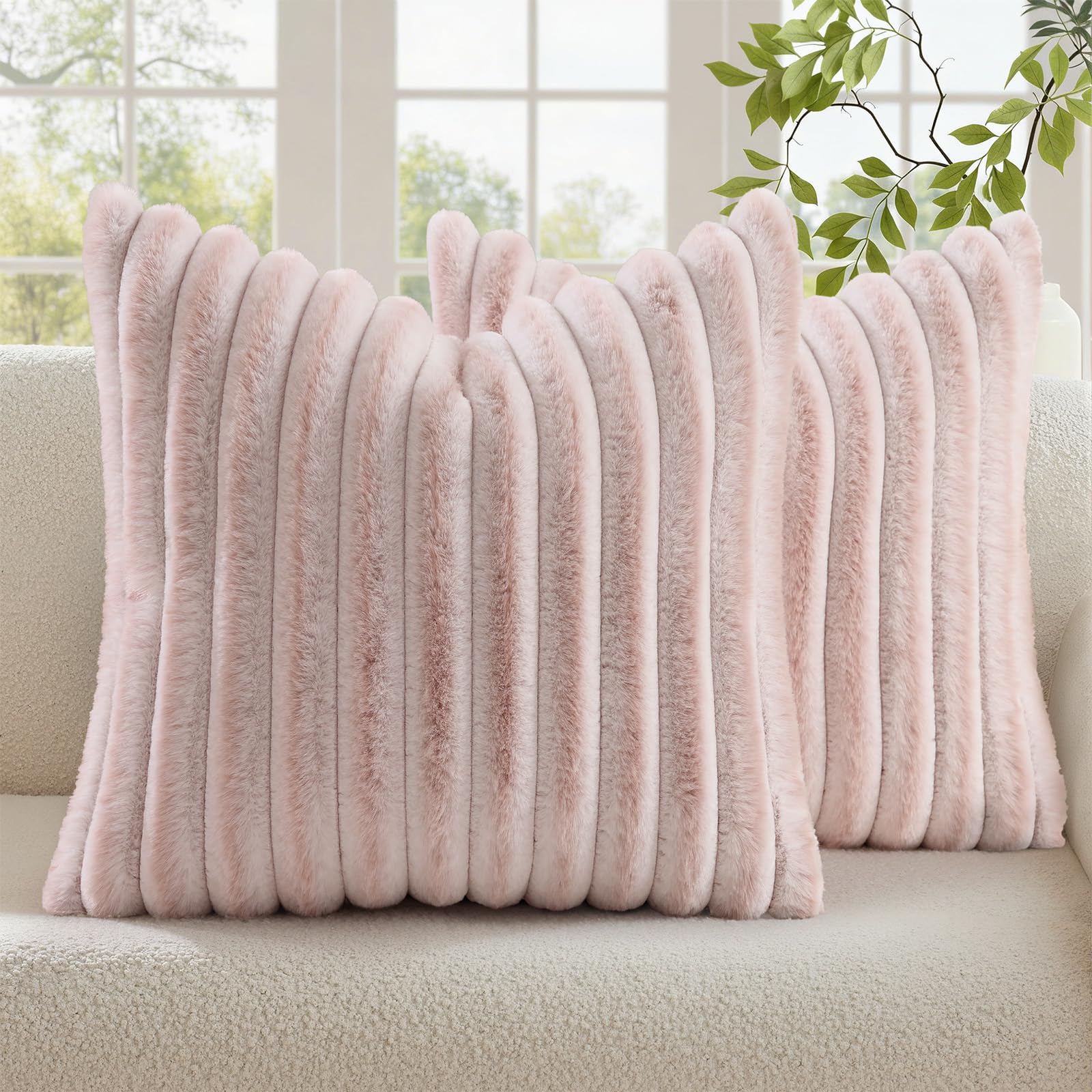 decorUhome Cozy Faux Fur Throw Pillow Covers 18x18 Set of 2 Decorative Soft Plush Striped Modern Farmhouse Boho Couch Pillow Cases with Velvet Back for Sofa Bed Living Room, Khaki Brown