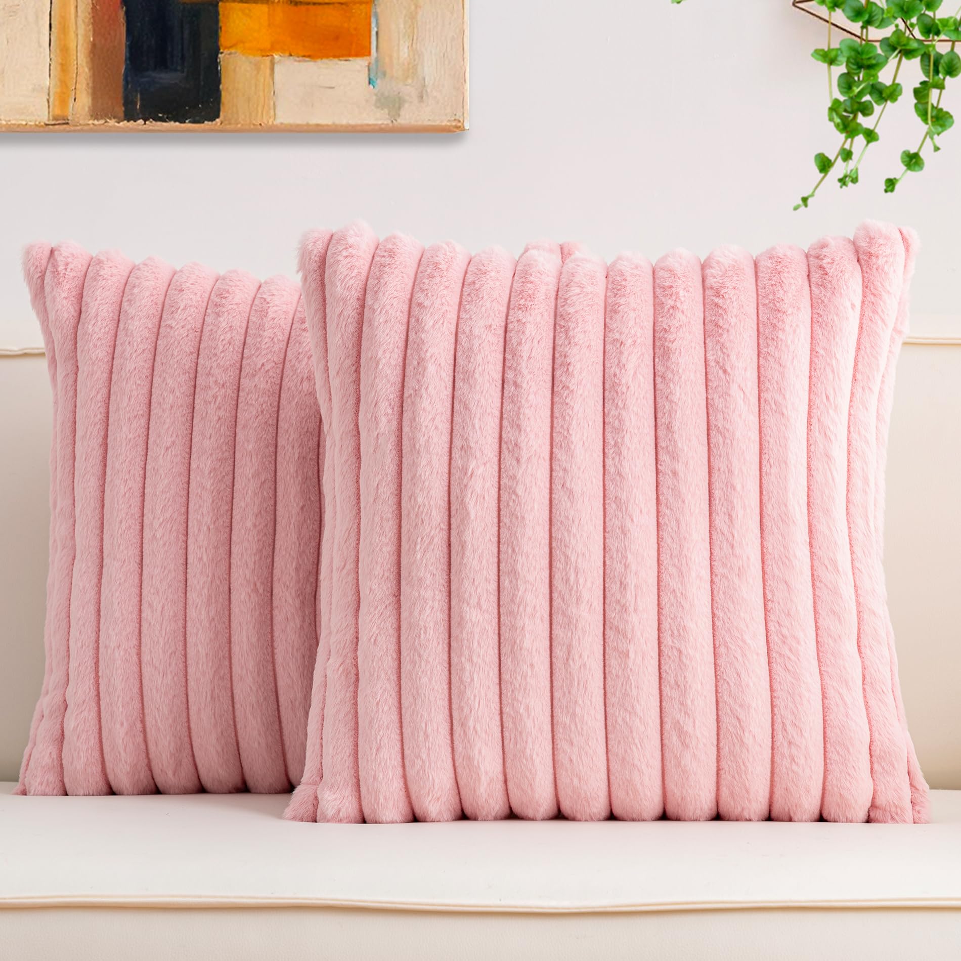Aegero Pack of 2 Faux Fur Christmas Throw Pillow Covers 18x18 Inch, Soft Plush Striped Neutral Couch Pillow Cover, with Velvet Back Modern Home Decor for Sofa Living Room Couch Bed Cream White