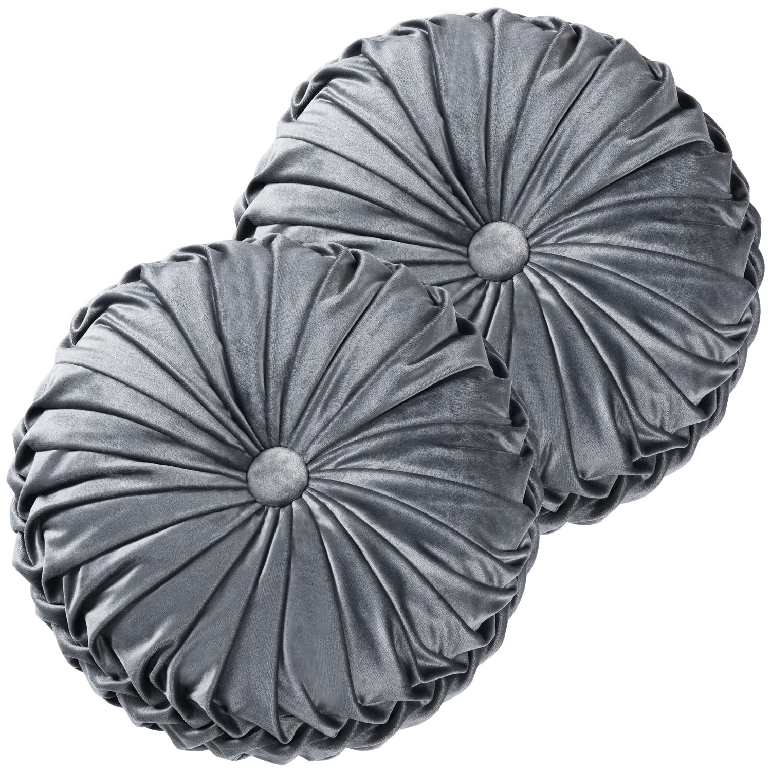 HIG Set of 2 Decorative Round Pleated Throw Pillows, Classy Accent Pumpkin Throw Pillows with Center Button, Vintage Velvet Floor Pillows for Sofa Couch Vanity Chair Bed, Olive, 14.5" Diameter(Ripple)