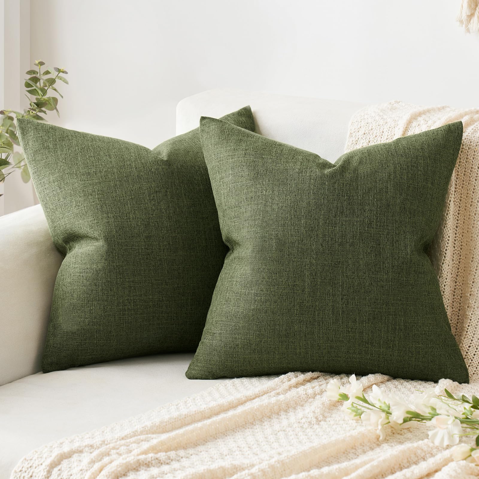 MIULEE Pack of 2 Decorative Linen Burlap Pillow Covers Spring Farmhouse Boho Accent Pillowcases for Sofa Car Couch Bedroom Living Room Decor 18x18 Inch Dark Olive Green