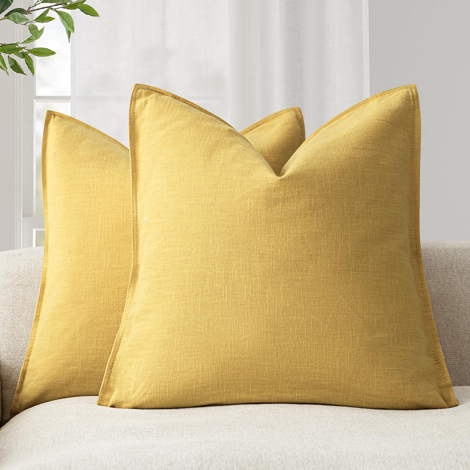 Foindtower Set of 2, Decorative Linen Soild Throw Pillow Covers Soft Accent Cushion Euro Case Boho Farmhouse Pillowcase for Chair Couch Sofa Bedroom Living Room Home Decor 20 x 20 Inch Natural Linen