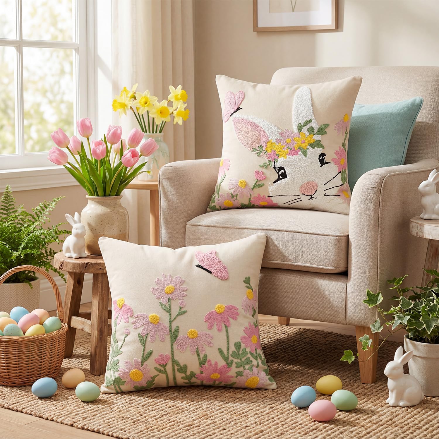 AVOIN colorlife Easter Spring Rabbit Floral Embroidered Throw Pillow Covers, 18 x 18 Inch Butterfly Flowers Tufted Patterned Linen Decoration Cushion Case for Sofa Couch Set of 2