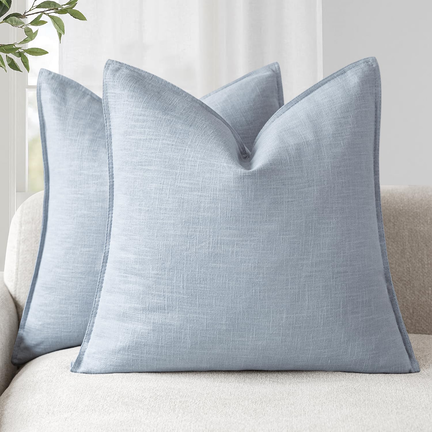 Foindtower Set of 2, Decorative Linen Soild Throw Pillow Covers Soft Accent Cushion Euro Case Boho Farmhouse Pillowcase for Chair Couch Sofa Bedroom Living Room Home Decor 20 x 20 Inch Natural Linen