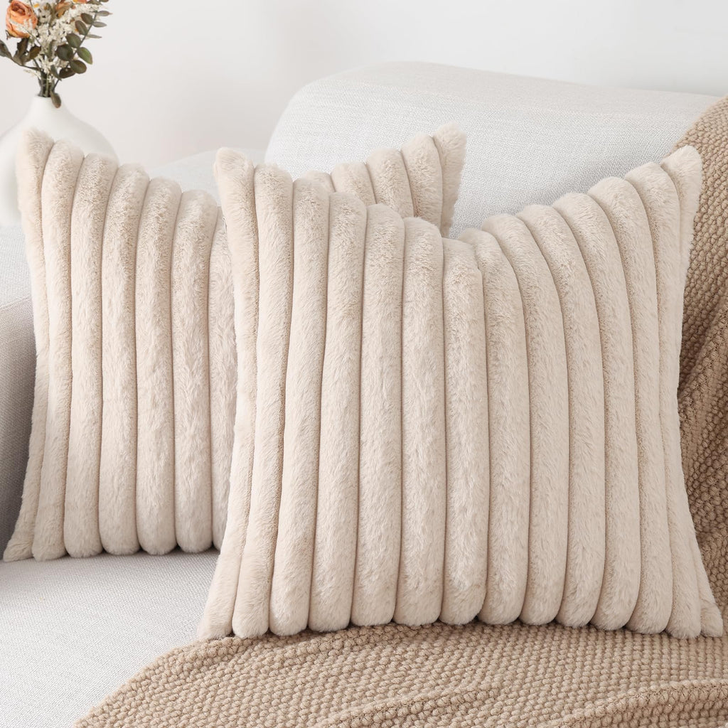 Pallene Faux Fur Plush Throw Pillow Covers 18x18 Set of 2, Luxury Soft Fluffy Striped Decorative Pillow Covers for Sofa, Couch, Living Room, Blue Grey