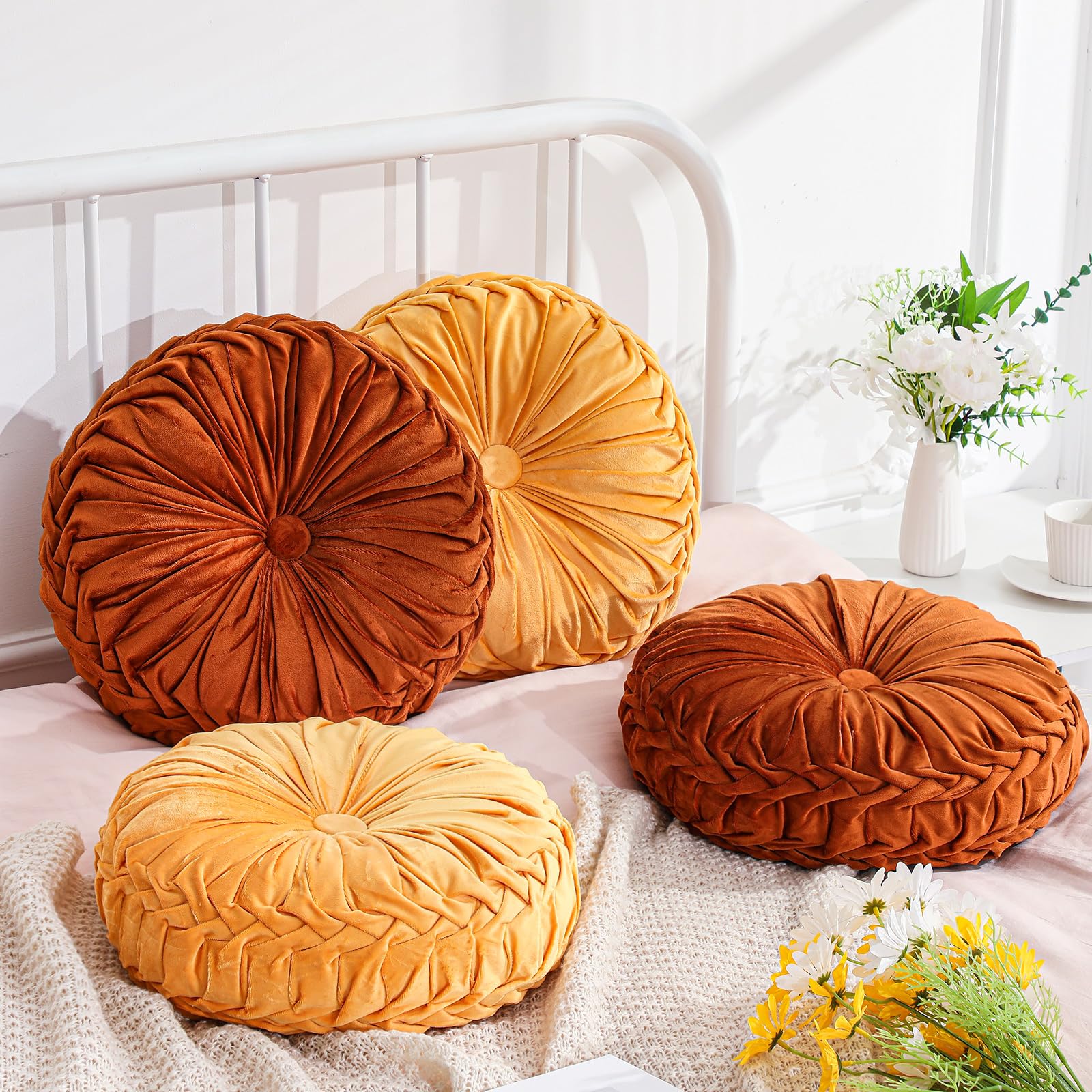 Drydiet 1 Pcs Round Throw Velvet Pillows Decorative Pleated Throw Pillows 15'' Diameter Accent Pumpkin Boho Chair Cushion for Couch Sofa Home Decoration (Olive Green)