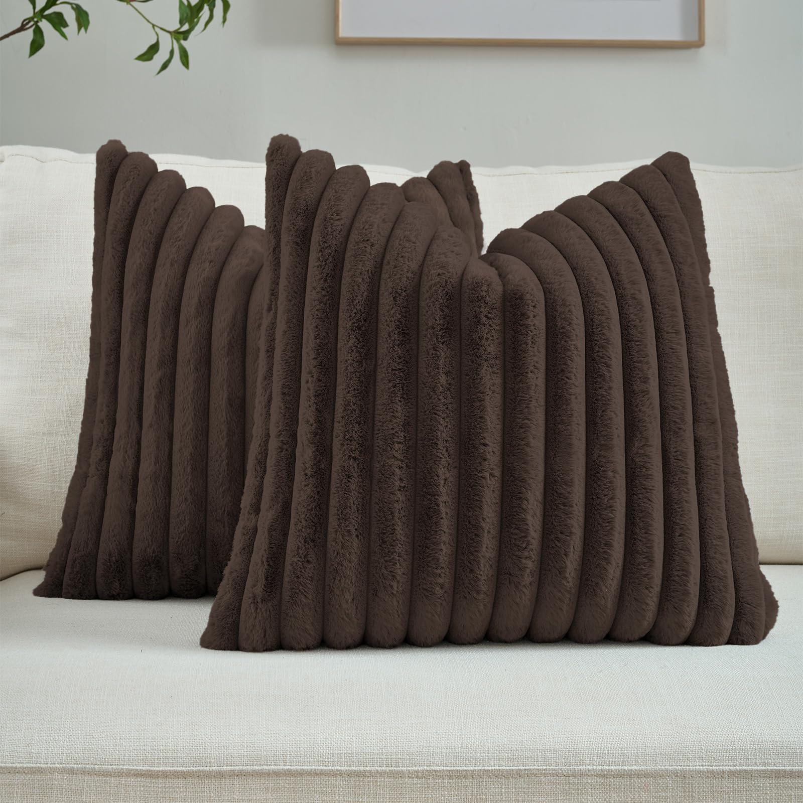 FUTEI Pack of 2 Solid Faux Fur Plush Throw Pillow Covers 18x18 Inch Soft Fluffy Striped Decorative Cushion Cases Modern Farmhouse Accent for Couch Bed Living Room, Cream White