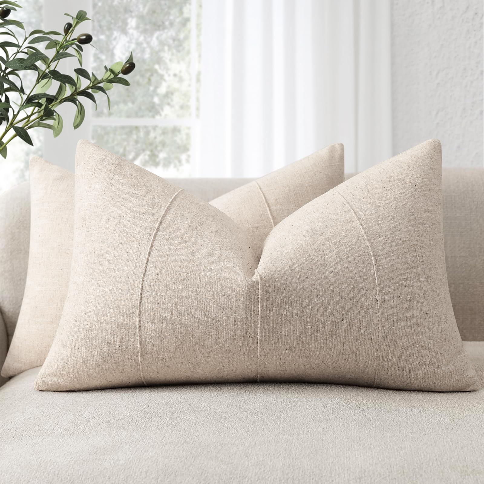 Decorative Linen Throw Pillow Covers 22x22 Set of 2 Solid handcrafted Striped Cushion Covers for Bed Soft Modern Farmhouse Neutral Pillowcase for Couch Bedroom Living Room Home Decor(Cream White)