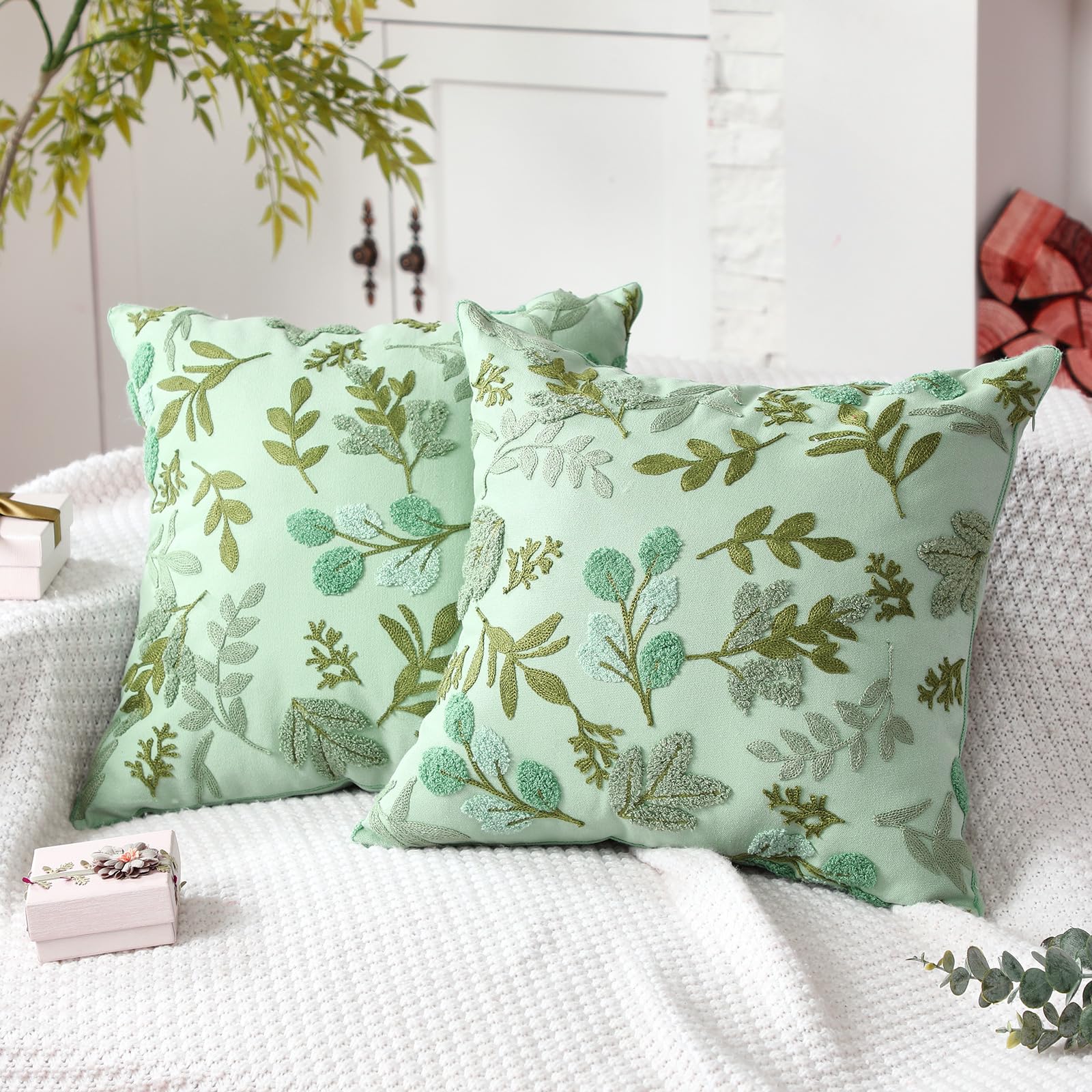 FuWeave 2 Pcs Boho Floral Embroidered Decorative Throw Pillow Covers with Zipper 18 x 18 Inch Colorful Boho Embroidered Pillow Covers Aesthetic Decor for Couch Sofa Housewarming Gifts