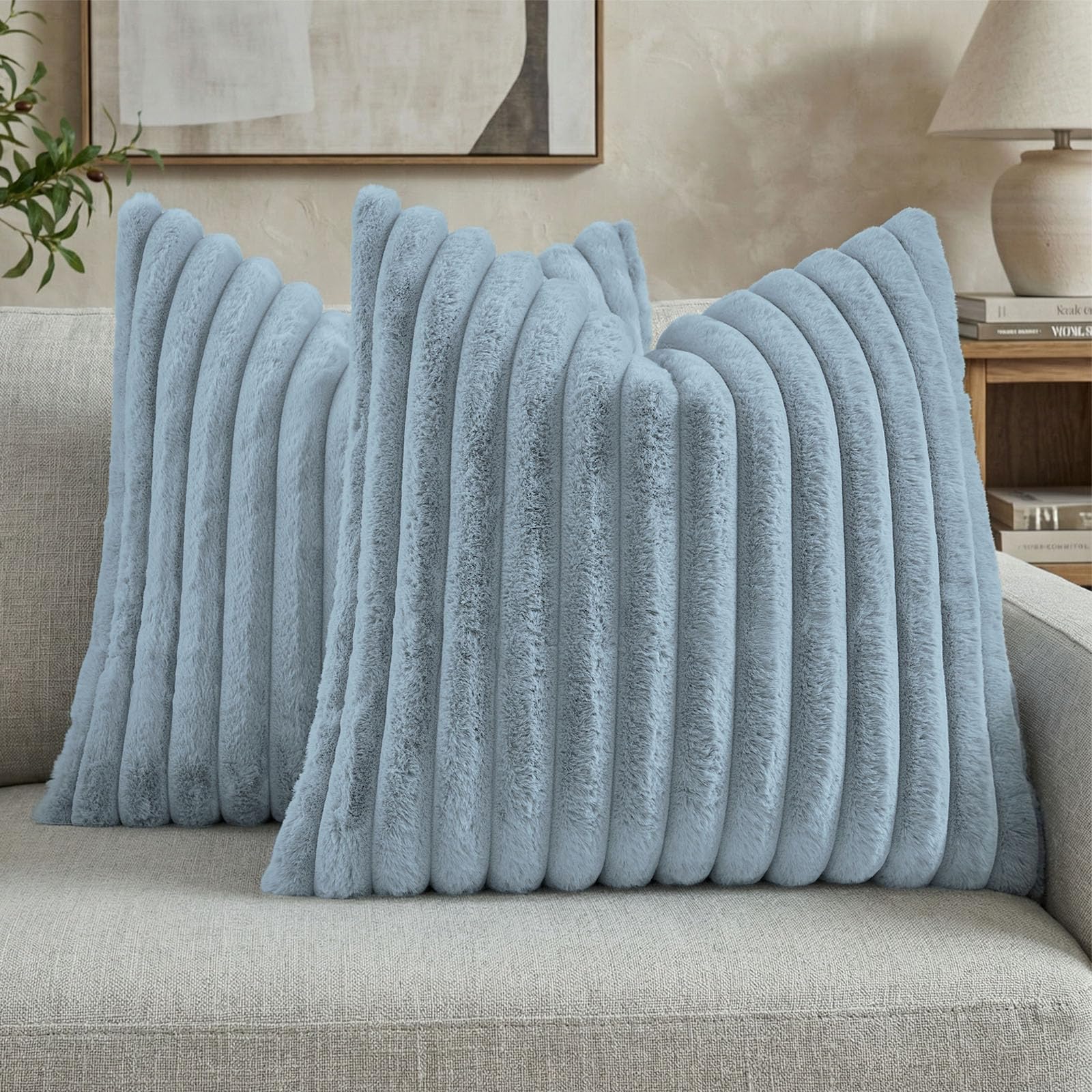 FUTEI Pack of 2 Solid Faux Fur Plush Throw Pillow Covers 18x18 Inch Soft Fluffy Striped Decorative Cushion Cases Modern Farmhouse Accent for Couch Bed Living Room, Cream White