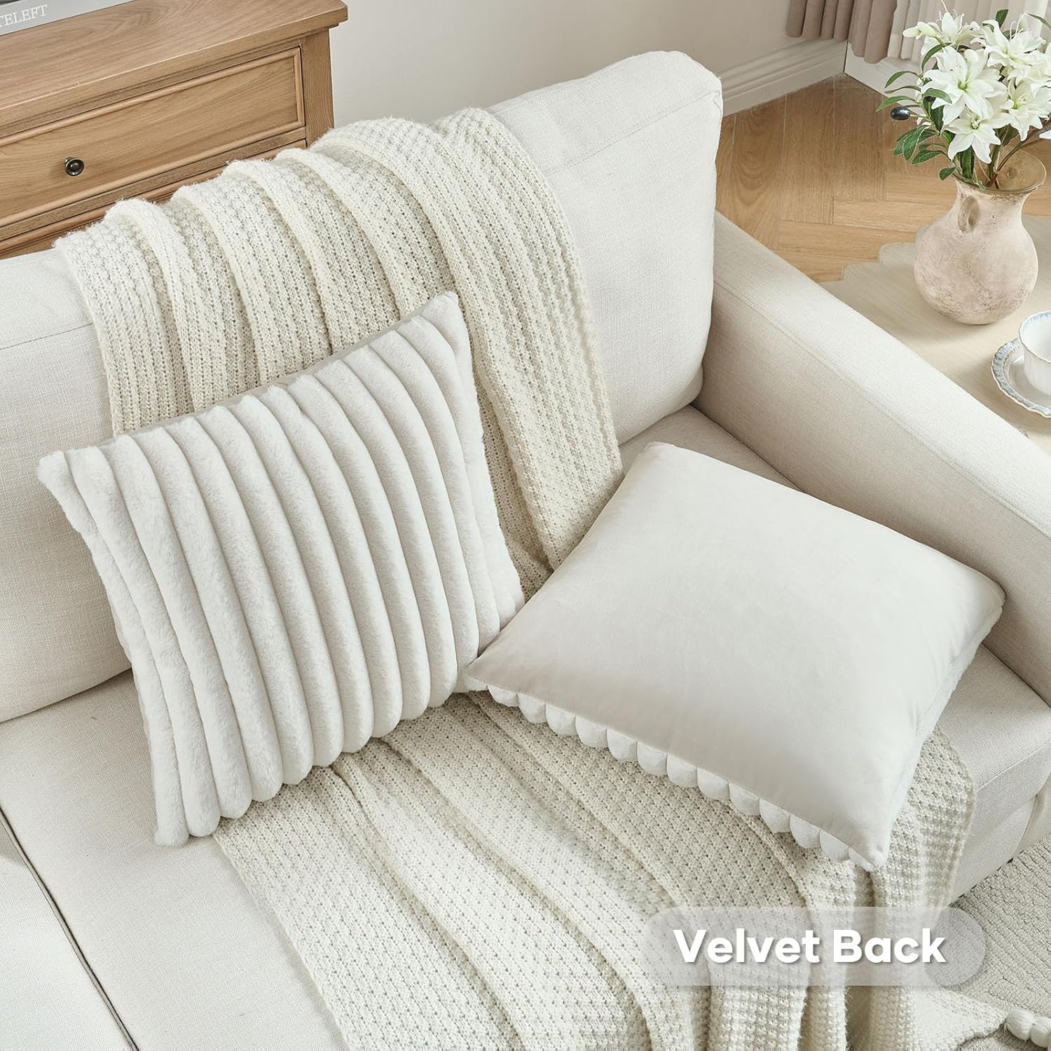 FUTEI Pack of 2 Solid Faux Fur Plush Throw Pillow Covers 18x18 Inch Soft Fluffy Striped Decorative Cushion Cases Modern Farmhouse Accent for Couch Bed Living Room, Cream White