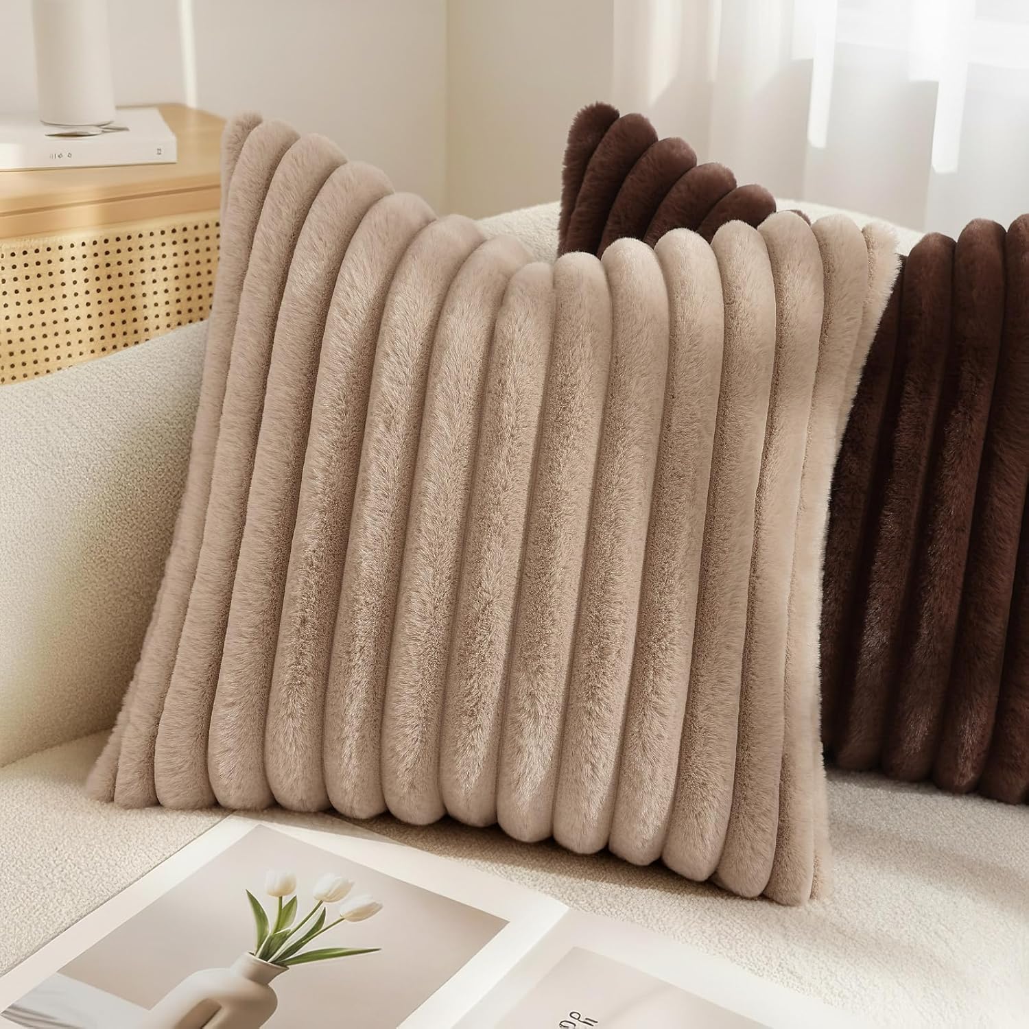 decorUhome Cozy Faux Fur Throw Pillow Covers 18x18 Set of 2 Decorative Soft Plush Striped Modern Farmhouse Boho Couch Pillow Cases with Velvet Back for Sofa Bed Living Room, Khaki Brown