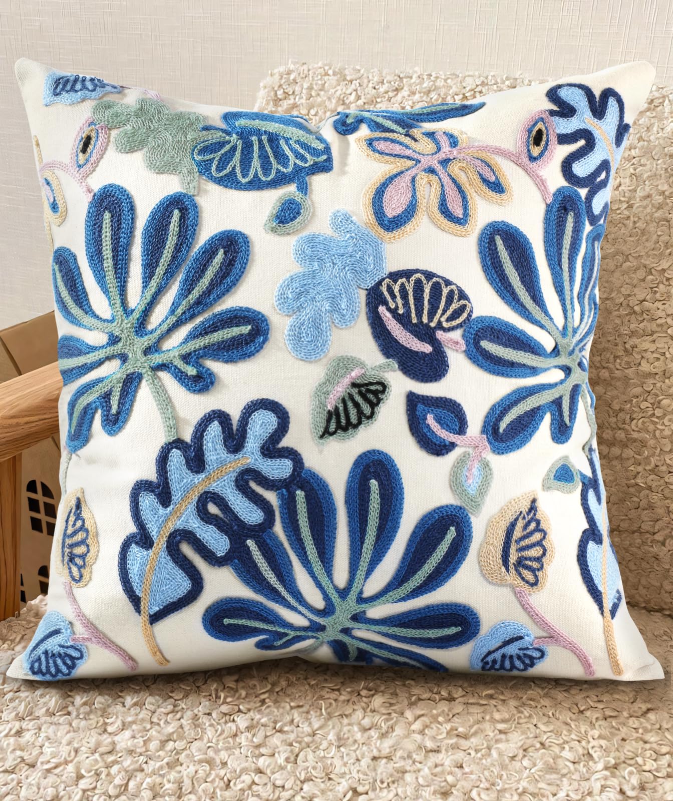 Embroidered Throw Pillow Cover - 18x18 Decorative Pillow Cover with Zipper Aesthetic Cute Design Boho Spring Summer Throw Pillowcase for Living Room Couch Sofa Bed, Flower Cats