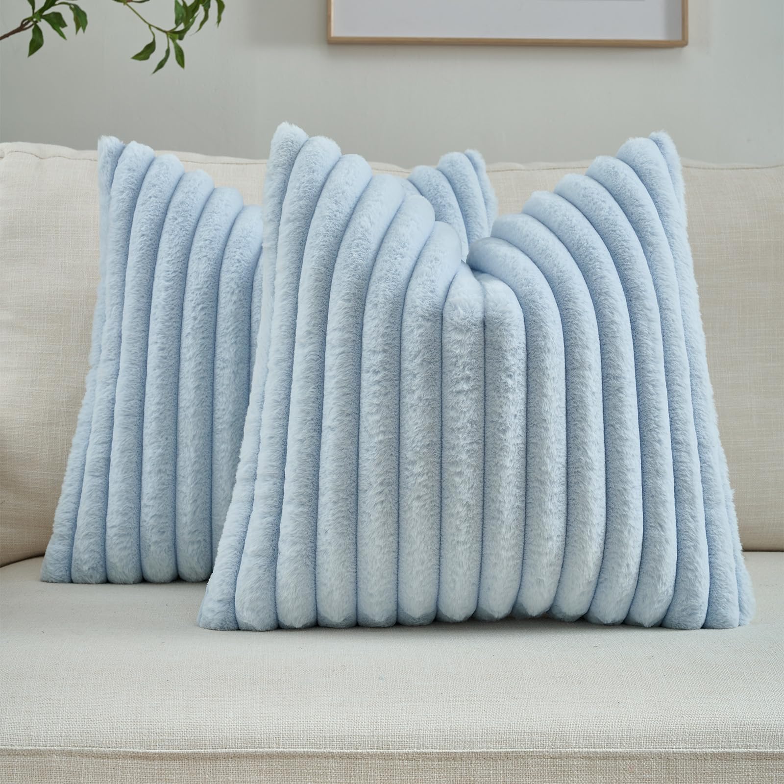 FUTEI Pack of 2 Solid Faux Fur Plush Throw Pillow Covers 18x18 Inch Soft Fluffy Striped Decorative Cushion Cases Modern Farmhouse Accent for Couch Bed Living Room, Cream White