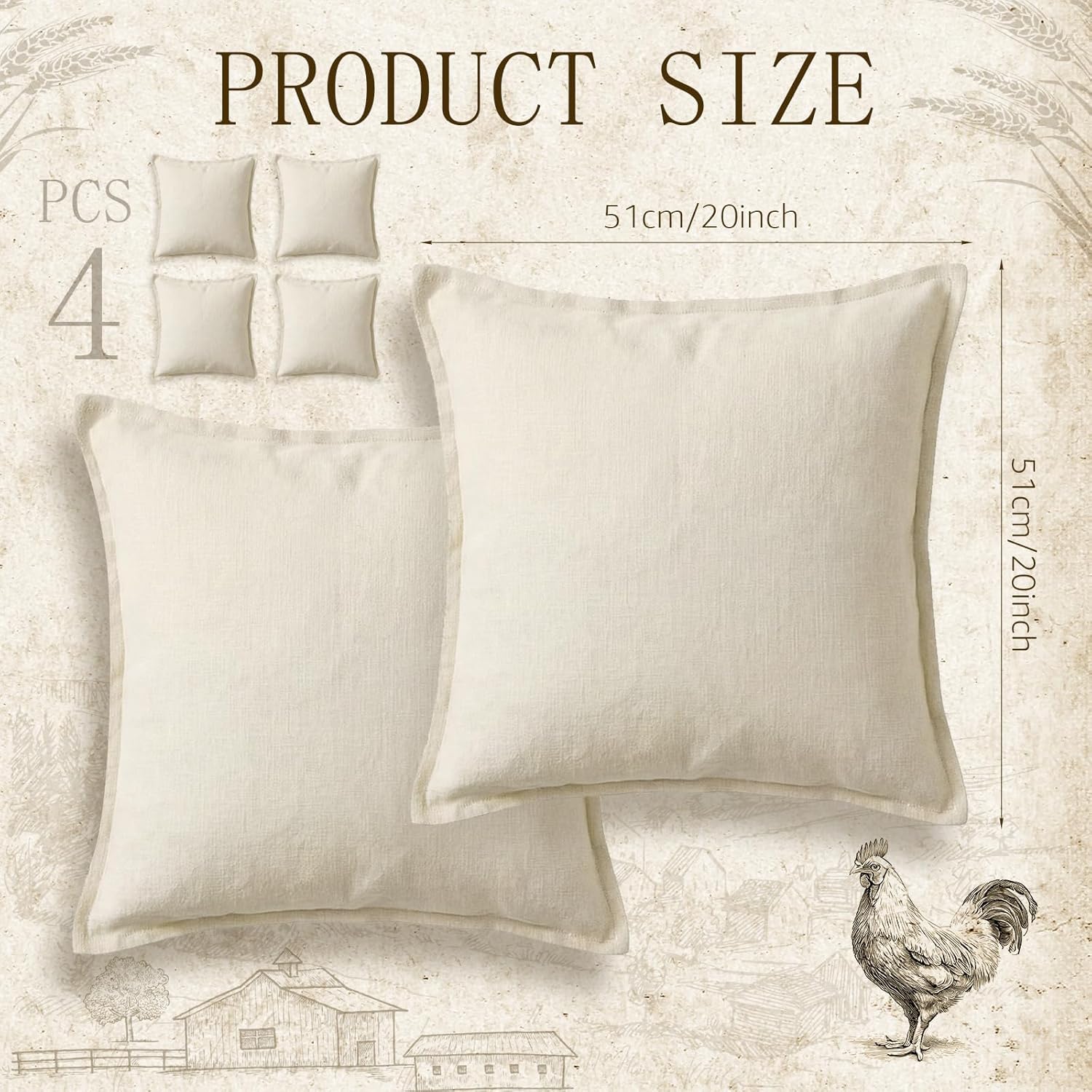 4 Pack 20x20 Inch Linen Pillow Covers Decorative Neutral Linen Throw Pillows Cases, Soft Rustic Cushions Boho Farmhouse Pillowcases for Bed Sofa Living Room Spring Decor(Beige)