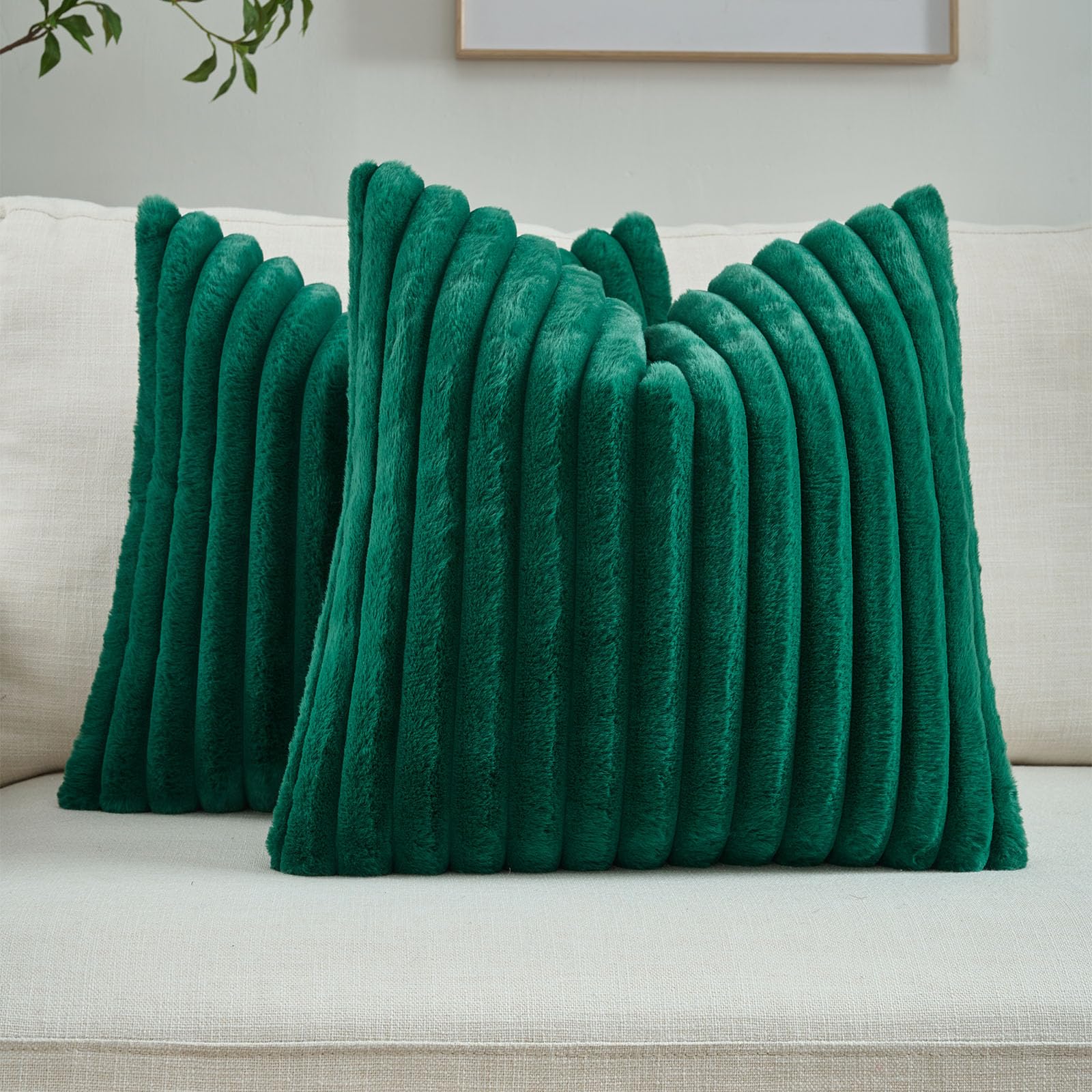 FUTEI Pack of 2 Solid Faux Fur Plush Throw Pillow Covers 18x18 Inch Soft Fluffy Striped Decorative Cushion Cases Modern Farmhouse Accent for Couch Bed Living Room, Cream White