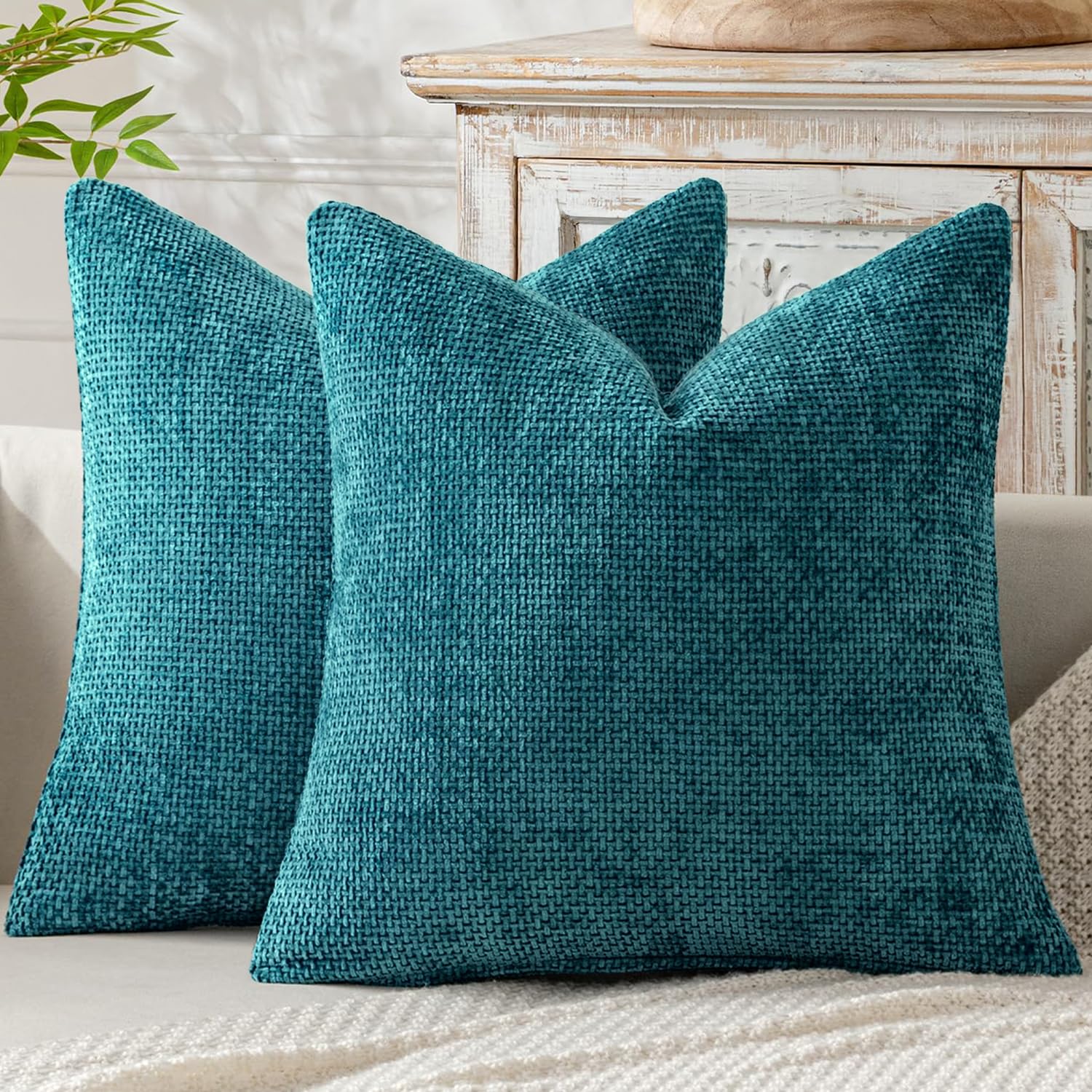 MIULEE Pack of 2 Couch Throw Pillow Covers 18x18 Inch Neutral Beige Modern Boho Accent Decorative Pillow Covers Soft Chenille Farmhouse Cushion Covers for Home Decor Bed Sofa Living Room