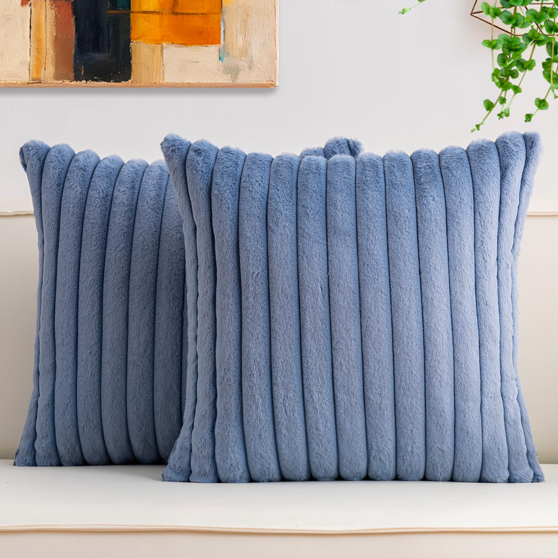 Aegero Pack of 2 Faux Fur Christmas Throw Pillow Covers 18x18 Inch, Soft Plush Striped Neutral Couch Pillow Cover, with Velvet Back Modern Home Decor for Sofa Living Room Couch Bed Cream White