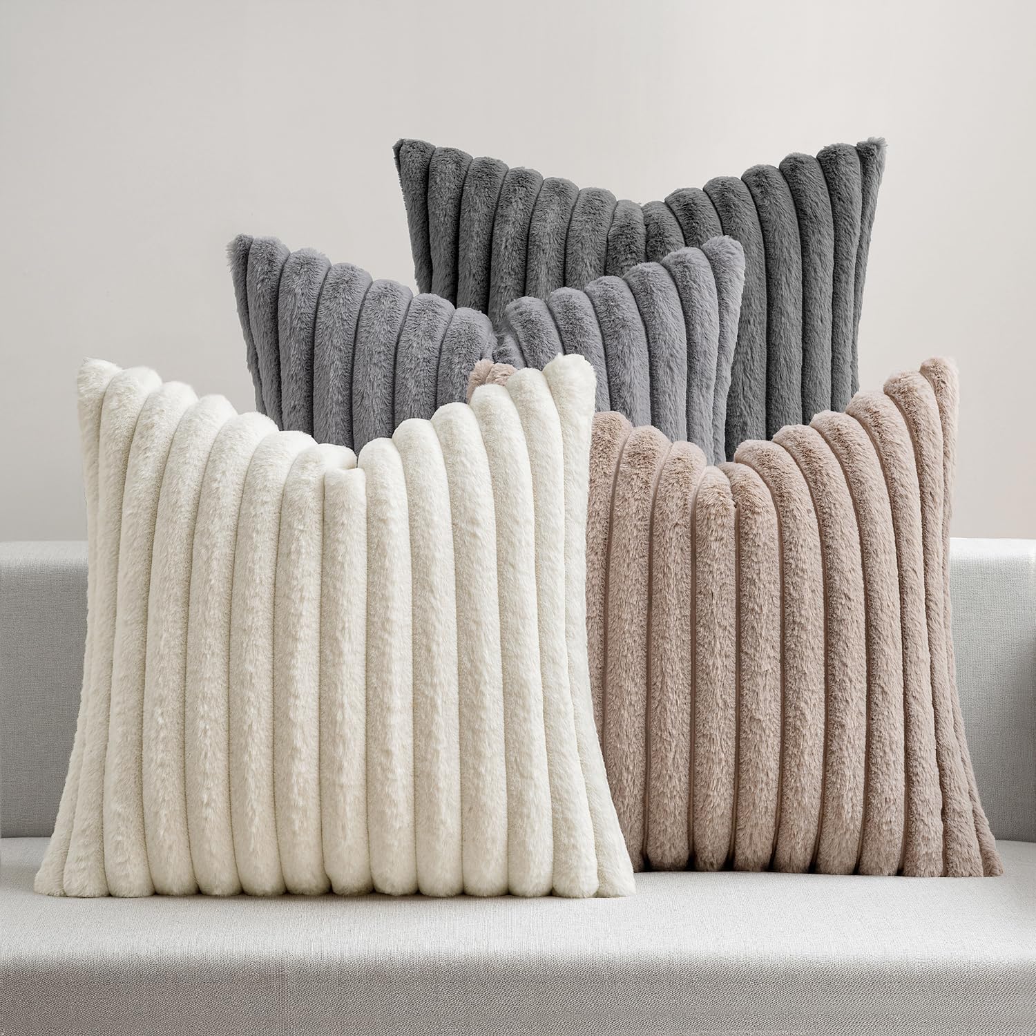 MIULEE Faux Fur Plush Decorative Throw Pillow Covers 18x18 Set of 4, Summer Modern Soft Fuzzy Coastal Striped Cushion Covers for Sofa Couch Bed Living Room Cozy Home Decor,Navy Blue