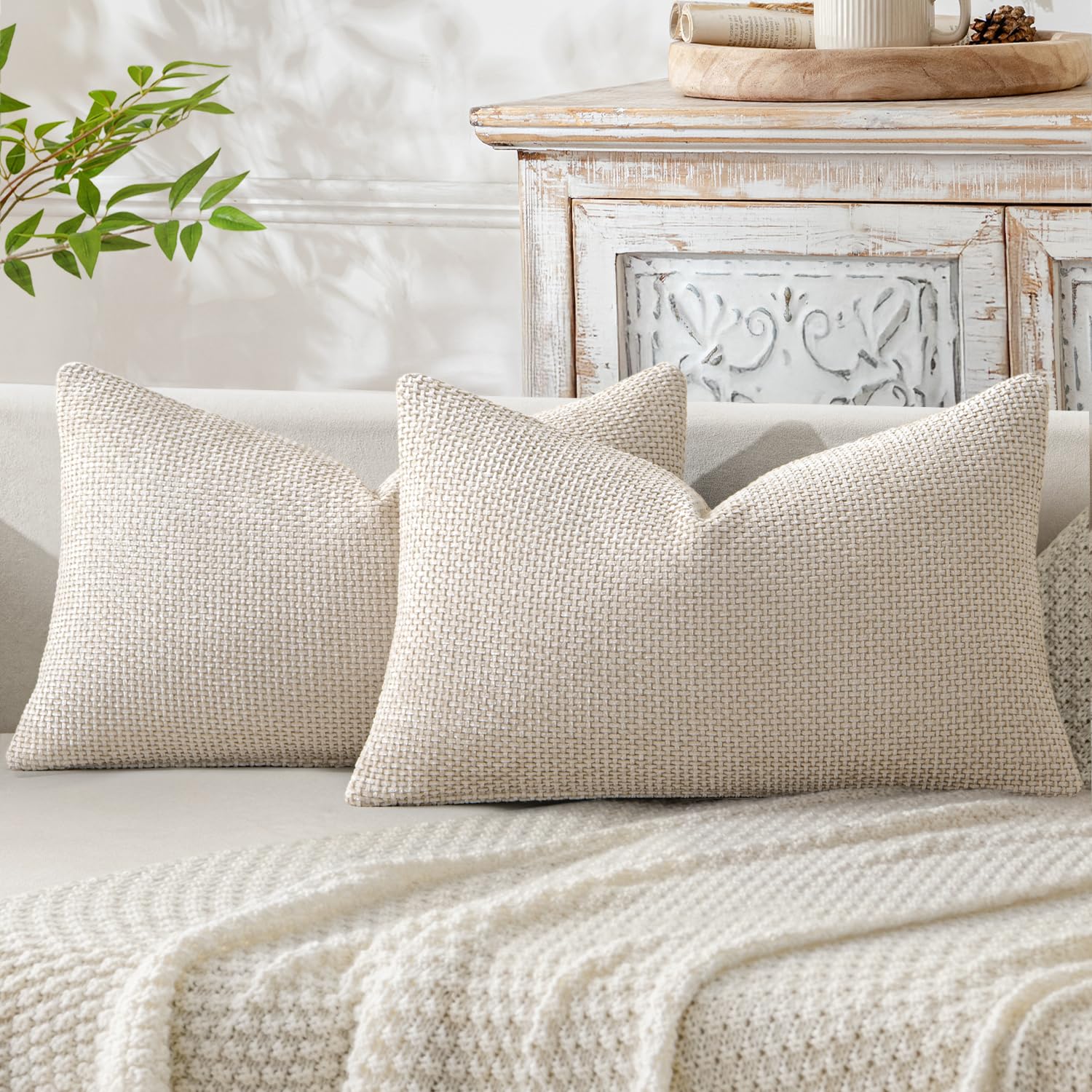 MIULEE Pack of 2 Couch Throw Pillow Covers 18x18 Inch Neutral Beige Modern Boho Accent Decorative Pillow Covers Soft Chenille Farmhouse Cushion Covers for Home Decor Bed Sofa Living Room