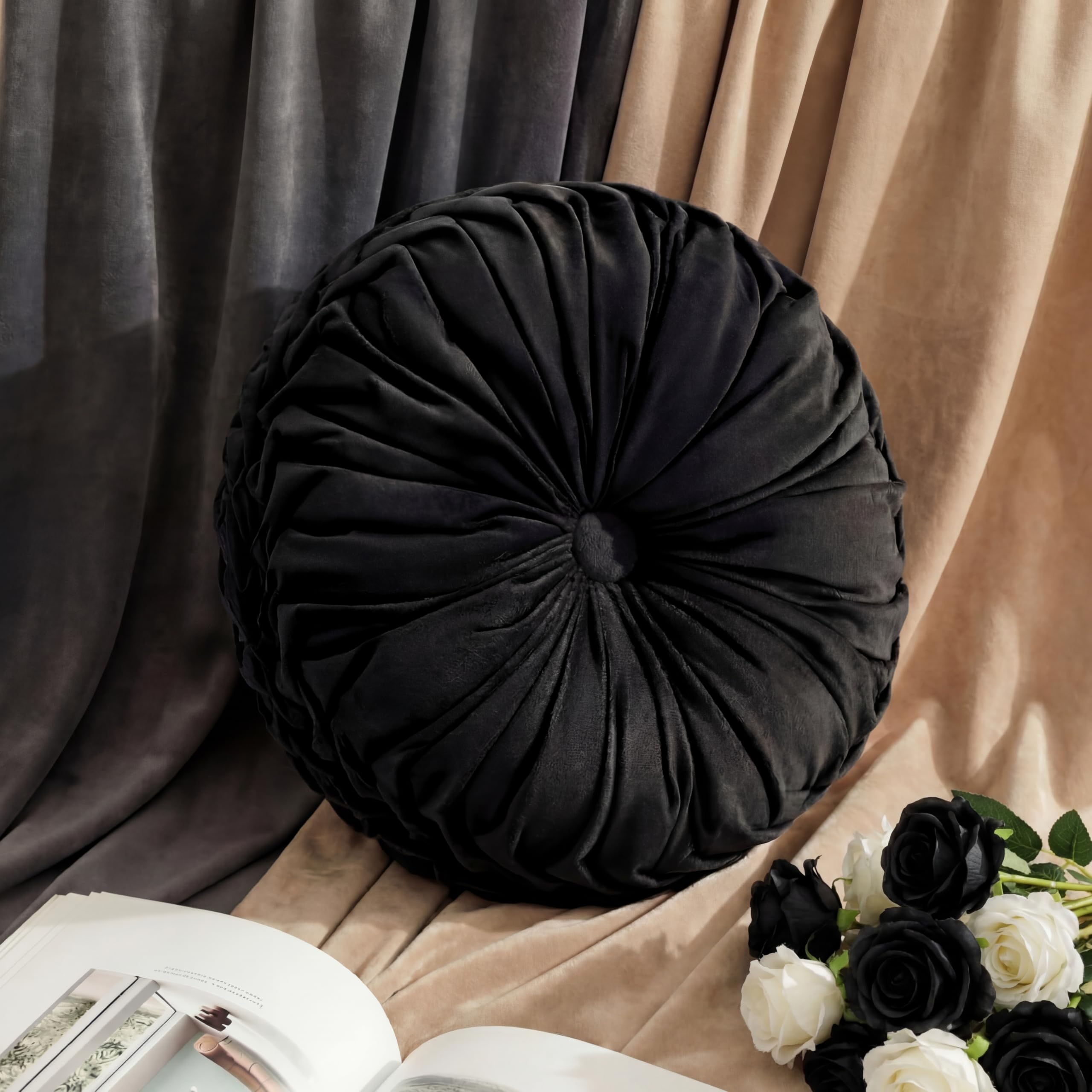 Drydiet 1 Pcs Round Throw Velvet Pillows Decorative Pleated Throw Pillows 15'' Diameter Accent Pumpkin Boho Chair Cushion for Couch Sofa Home Decoration (Olive Green)