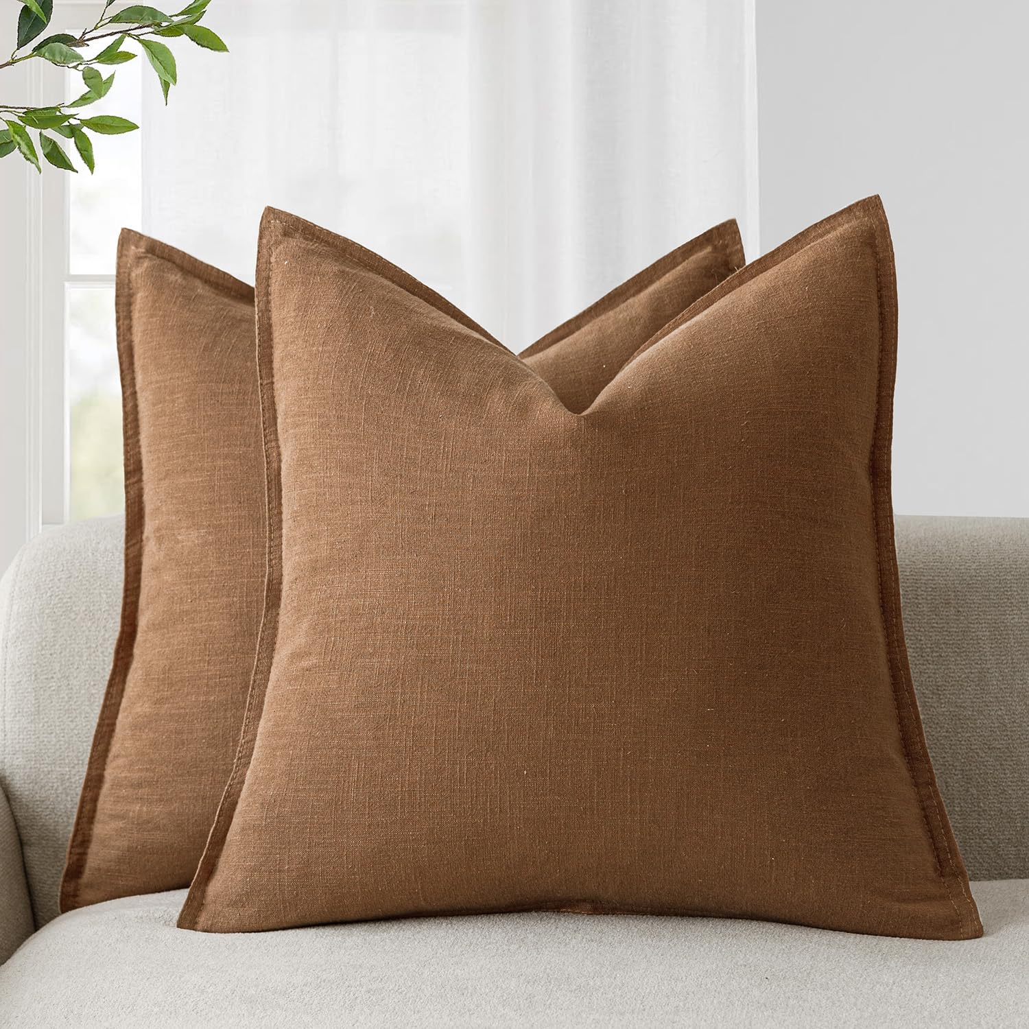 Foindtower Set of 2, Decorative Linen Soild Throw Pillow Covers Soft Accent Cushion Euro Case Boho Farmhouse Pillowcase for Chair Couch Sofa Bedroom Living Room Home Decor 20 x 20 Inch Natural Linen
