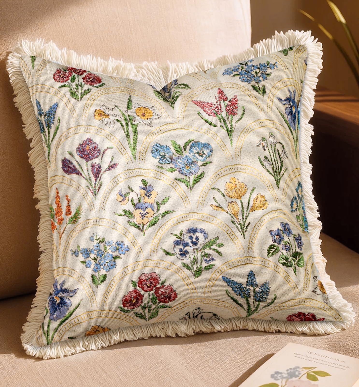 Decorative Throw Pillow Cover 18x18 - Vintage Pillowcovers with Fringe Bird Flower Cute Embroidered Pillow Case with Zipper for Living Room Couch Sofa Bed Rustic Boho Design Abstract