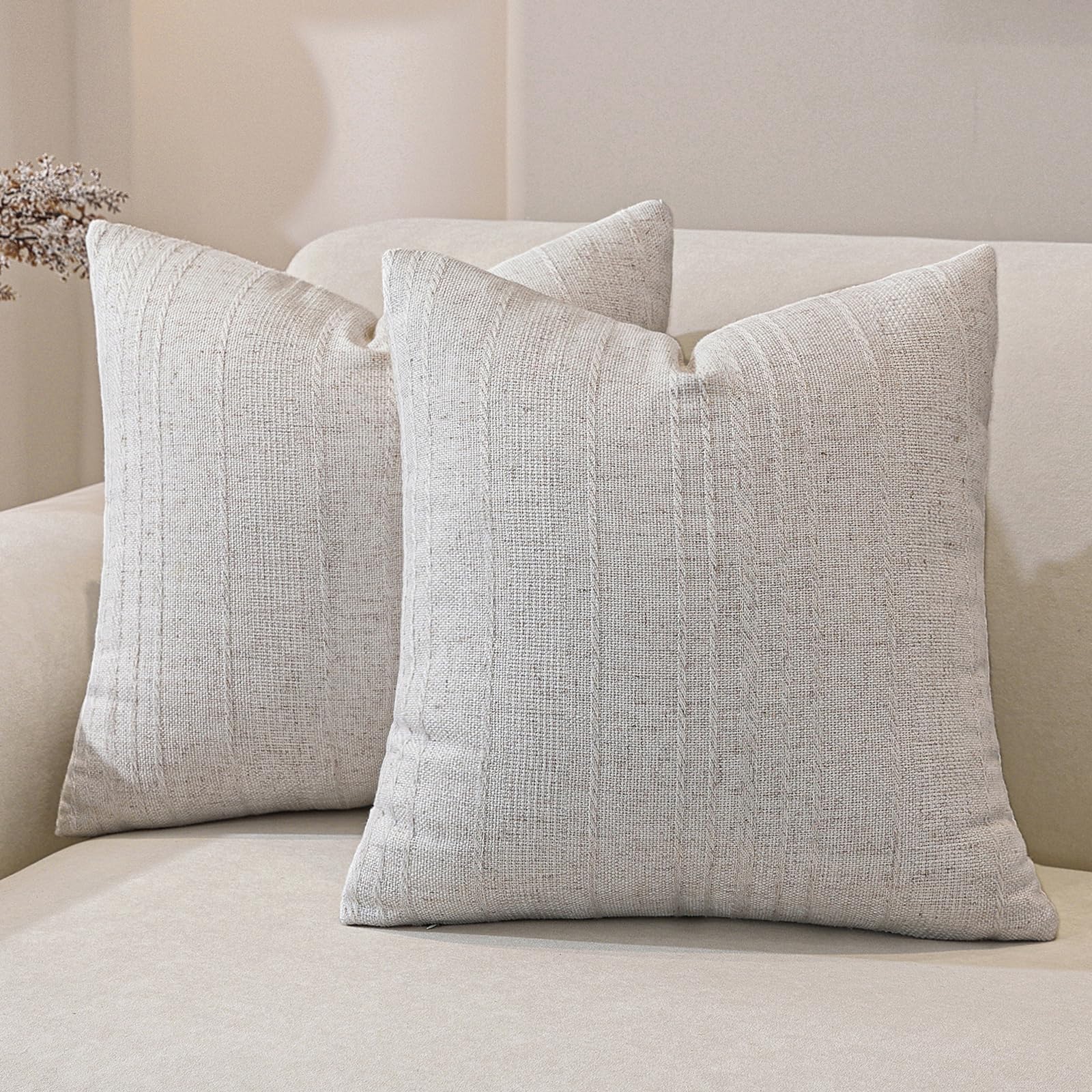 Decorative Neutral Striped Throw Pillow Covers Set of 2-18x18 Inch Boho Farmhouse Pillow Covers, Breathable & Soft Neutral Linen Blend Cushion Covers for Couch Sofa Bedroom Living Room