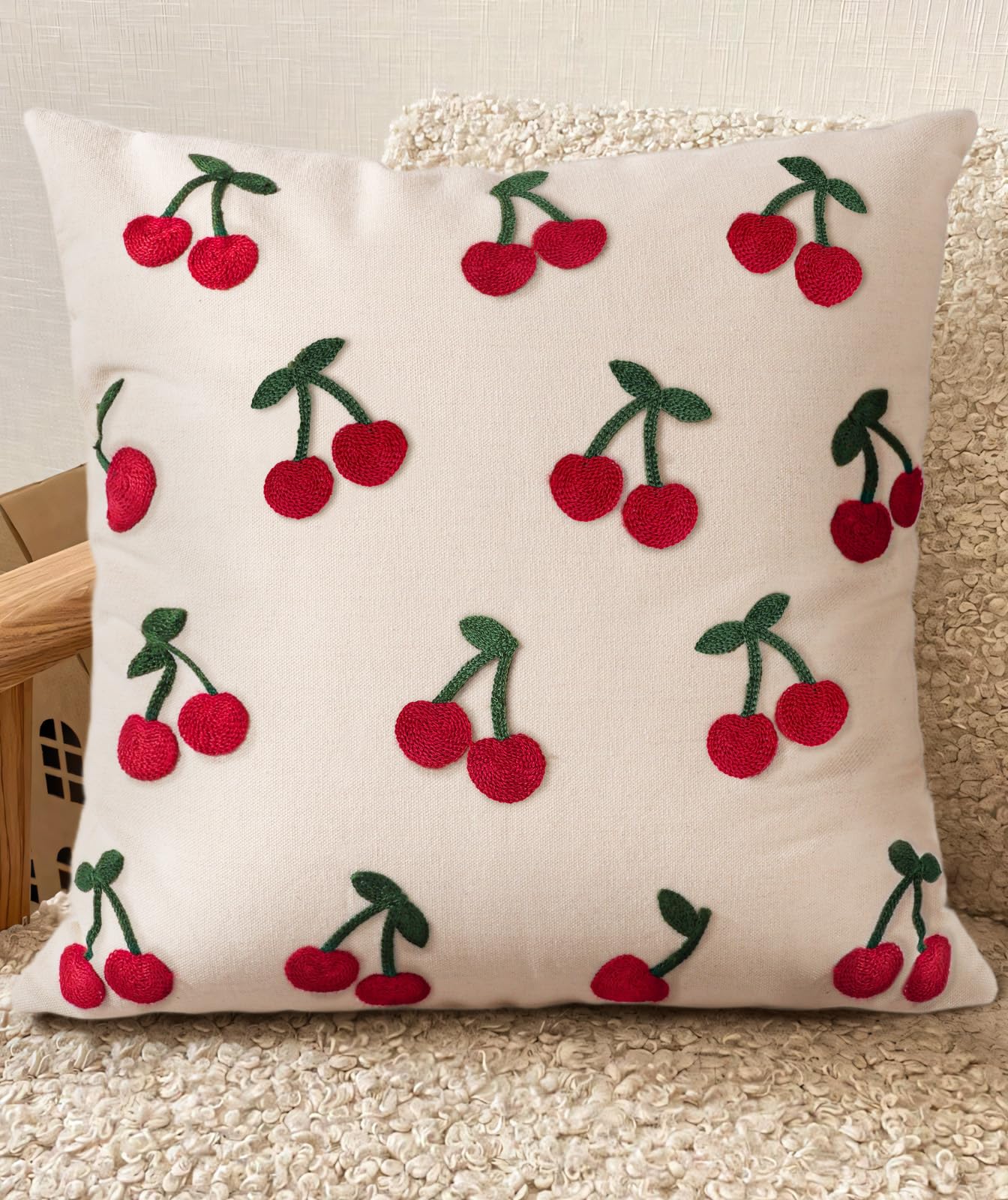 Embroidered Throw Pillow Cover 18x18 Inch - Spring Summer Boho Decorative Pillow Cover with Zipper for Living Room Couch Sofa Bed Aesthetic Design Flower Cluster Cushion Pillowcase