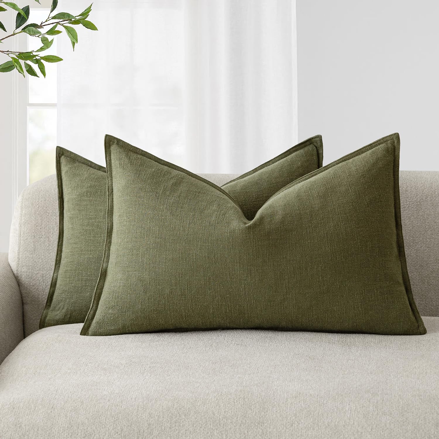 Foindtower Set of 2, Decorative Linen Soild Throw Pillow Covers Soft Accent Cushion Euro Case Boho Farmhouse Pillowcase for Chair Couch Sofa Bedroom Living Room Home Decor 20 x 20 Inch Natural Linen
