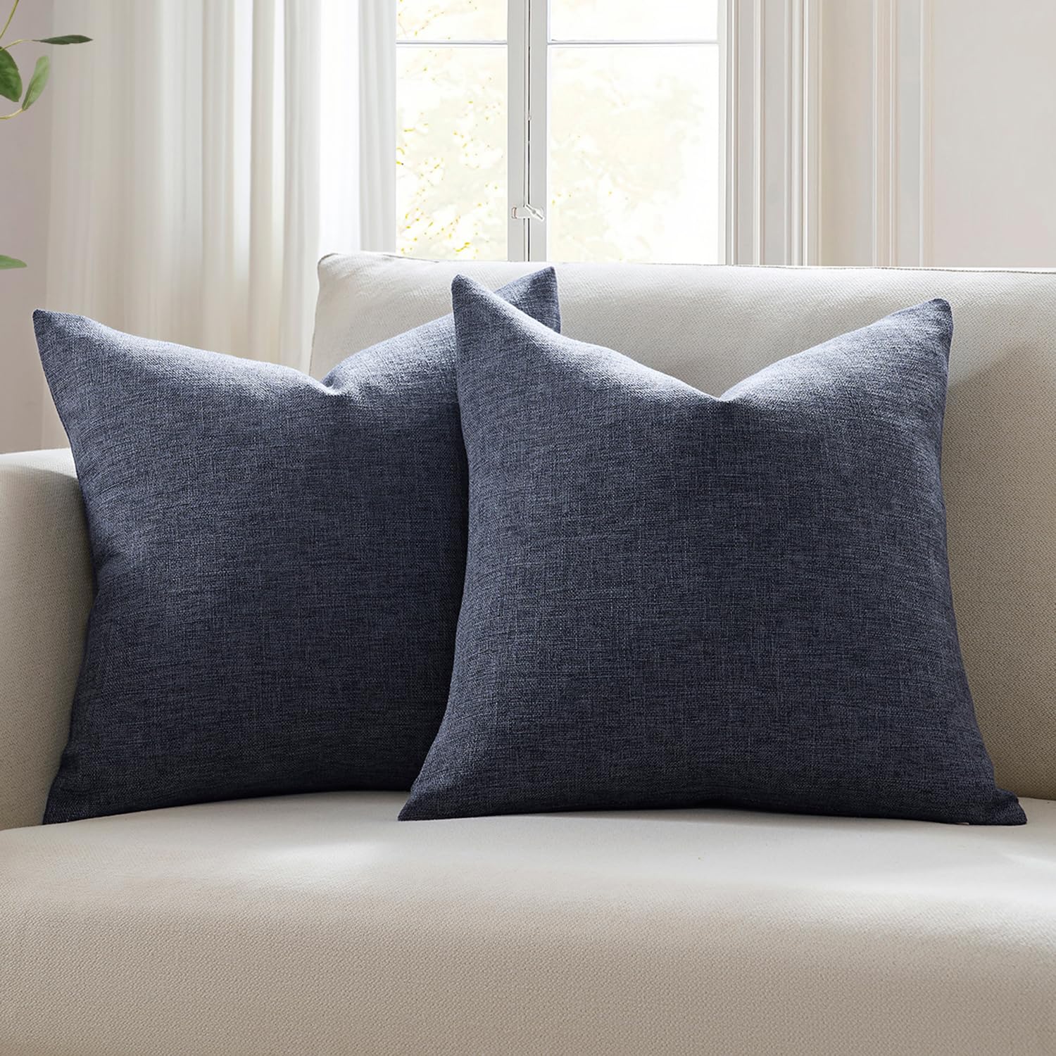 Meekio Set of 2 Ivory Throw Pillow Covers 22x22, Modern Farmhouse Linen Blend Decorative Pillow Covers for Couch Sofa Bed, Neutral Home Decor