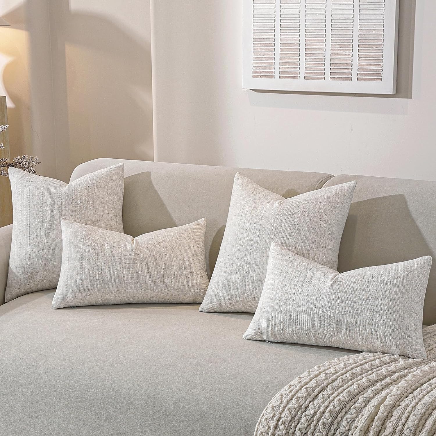 Decorative Neutral Striped Throw Pillow Covers Set of 2-18x18 Inch Boho Farmhouse Pillow Covers, Breathable & Soft Neutral Linen Blend Cushion Covers for Couch Sofa Bedroom Living Room