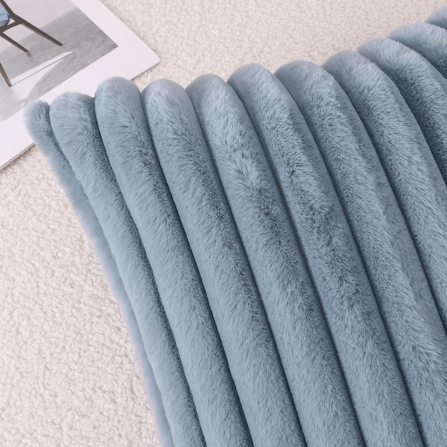Pallene Faux Fur Plush Throw Pillow Covers 18x18 Set of 2, Luxury Soft Fluffy Striped Decorative Pillow Covers for Sofa, Couch, Living Room, Blue Grey