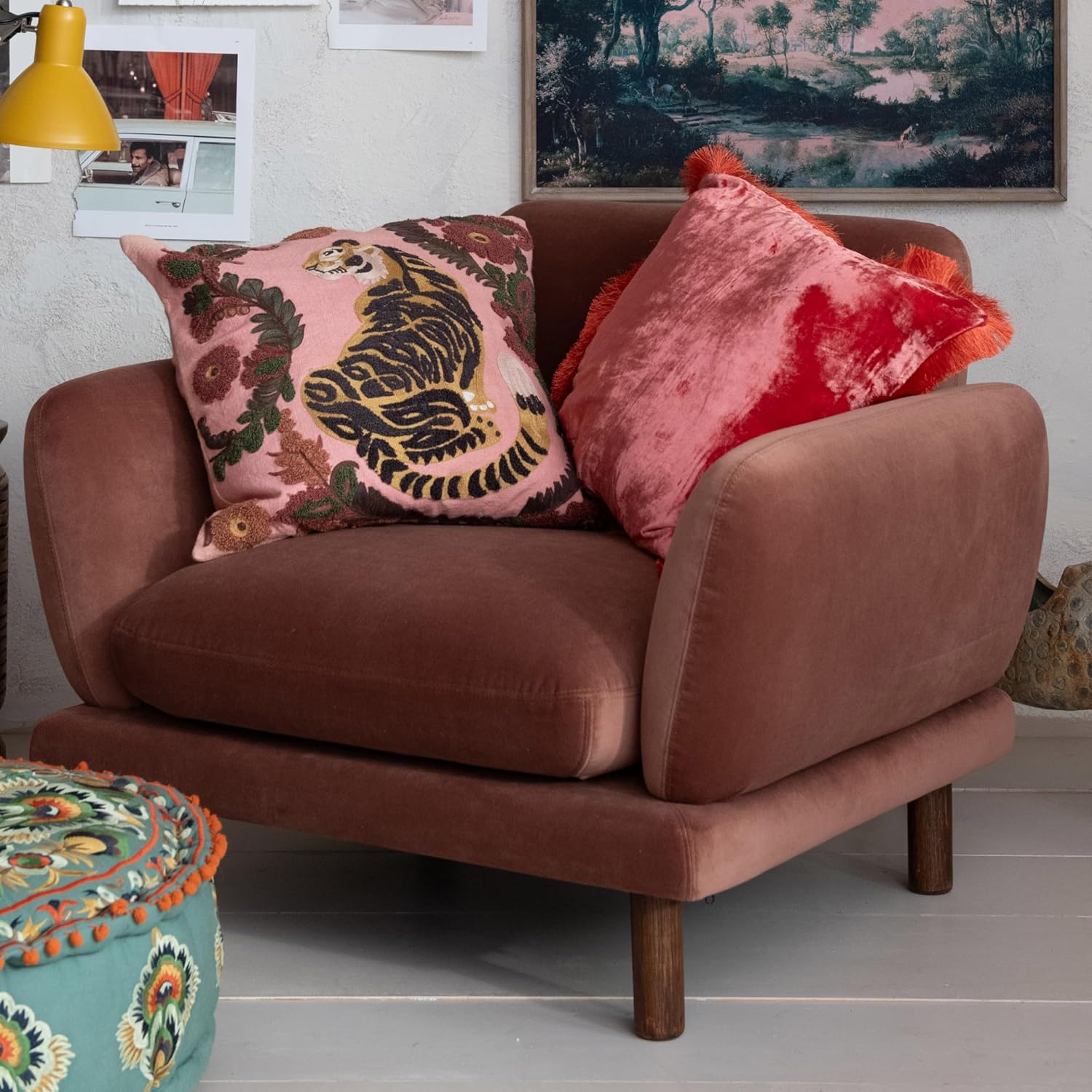 Creative Co-Op Embroidered Tiger and Flowers Cotton Slub Pillow, Multicolor