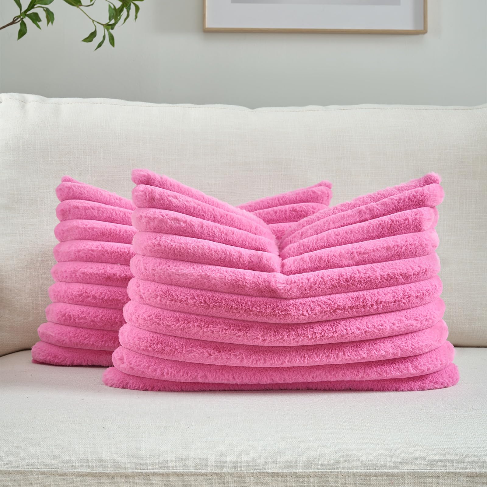FUTEI Pack of 2 Solid Faux Fur Plush Throw Pillow Covers 18x18 Inch Soft Fluffy Striped Decorative Cushion Cases Modern Farmhouse Accent for Couch Bed Living Room, Cream White