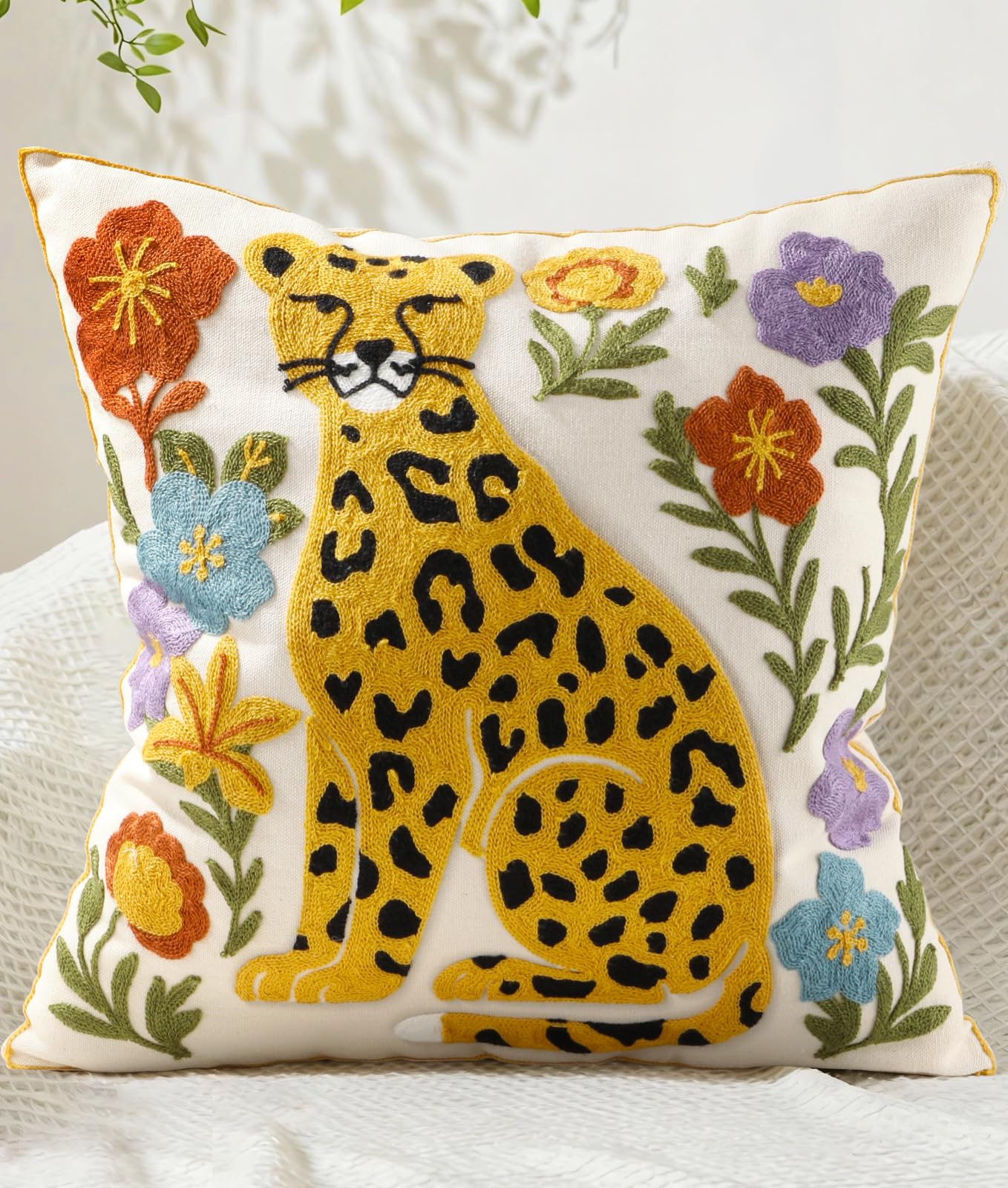 Embroidered Throw Pillow Cover 18x18 Inch - Spring Boho Decorative Pillow Covers with Zipper for Couch Sofa Bedroom Living Room Cushion Pillowcase, Birds Leaves