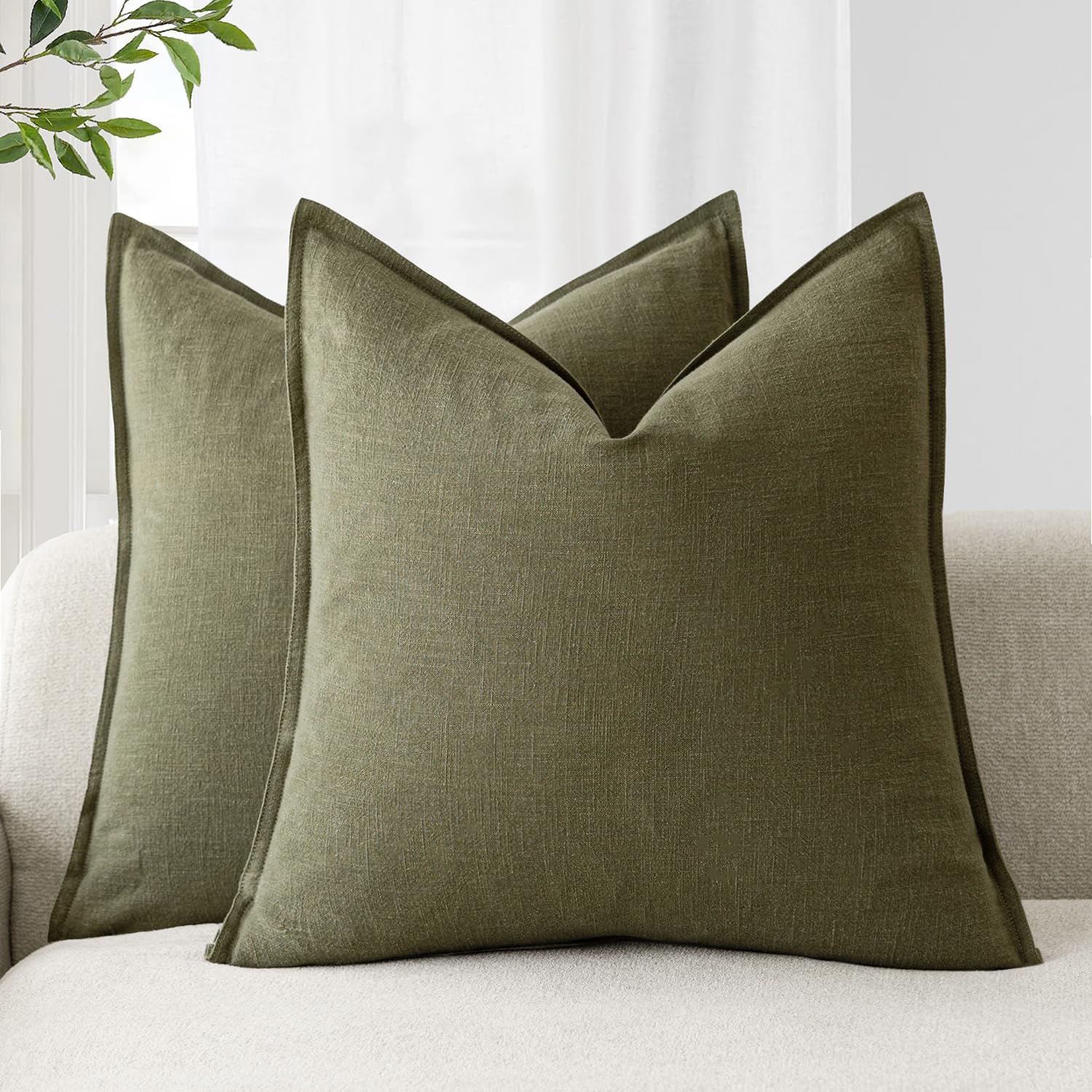 Foindtower Set of 2, Decorative Linen Soild Throw Pillow Covers Soft Accent Cushion Euro Case Boho Farmhouse Pillowcase for Chair Couch Sofa Bedroom Living Room Home Decor 20 x 20 Inch Natural Linen