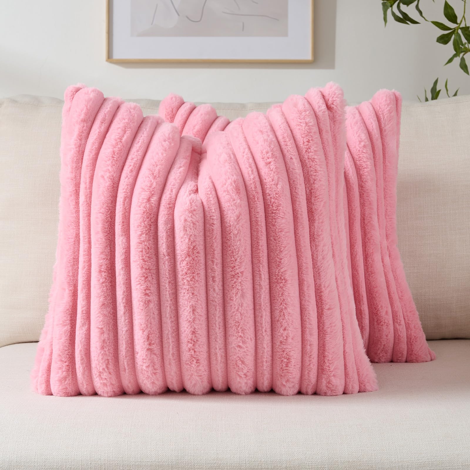 FUTEI Camel Decorative Throw Pillow Covers 18x18 Inch Set of 2,Soft Fluffy Faux Rabbit Fur Thick & Thin Striped Textured Cushion Case,Modern Home Decor for Couch Bed Living Room