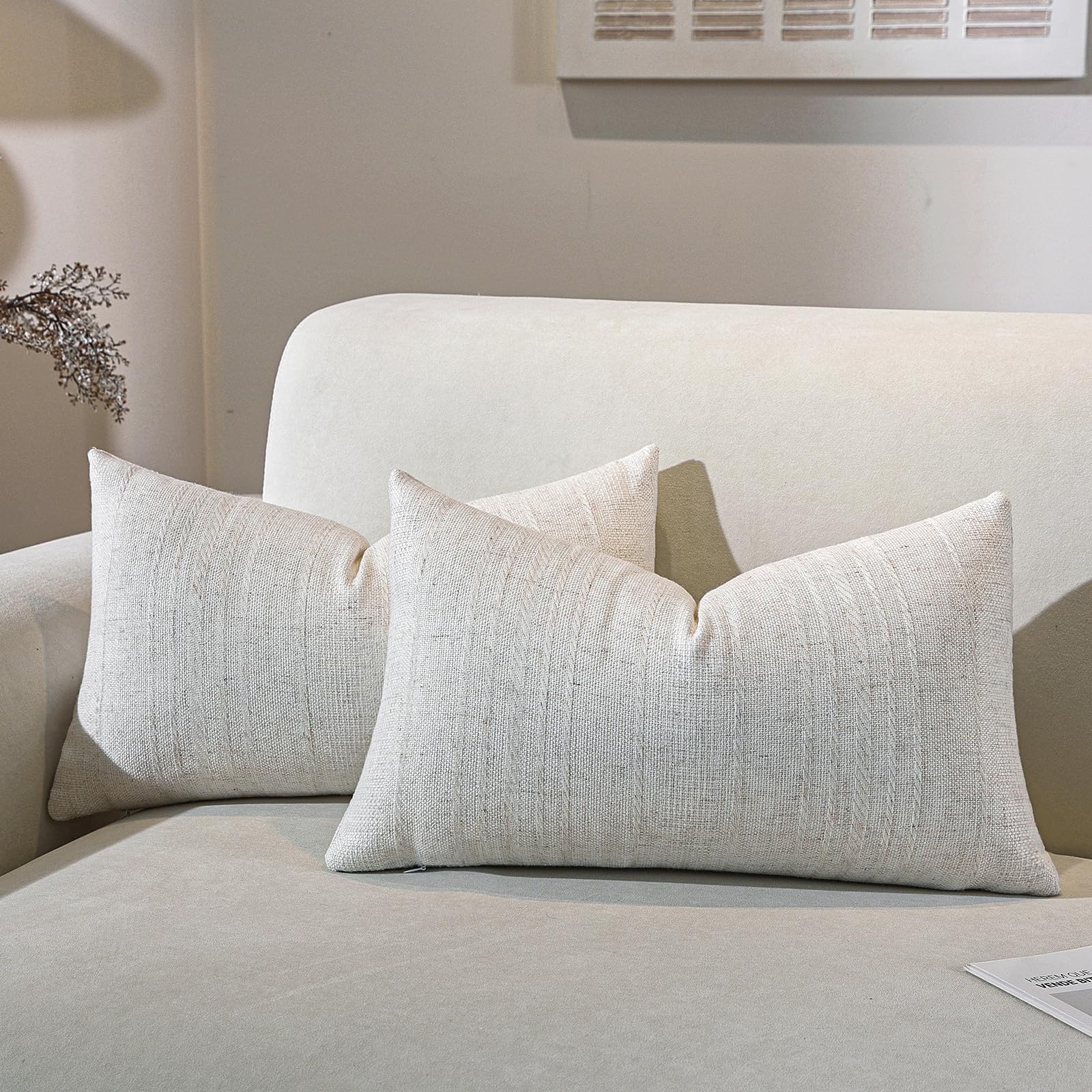 Decorative Neutral Striped Throw Pillow Covers Set of 2-18x18 Inch Boho Farmhouse Pillow Covers, Breathable & Soft Neutral Linen Blend Cushion Covers for Couch Sofa Bedroom Living Room