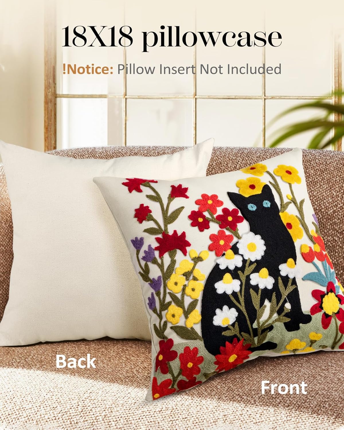 Embroidered Throw Pillow Cover - 18x18 Decorative Pillow Cover with Zipper Aesthetic Cute Design Boho Spring Summer Throw Pillowcase for Living Room Couch Sofa Bed, Flower Cats