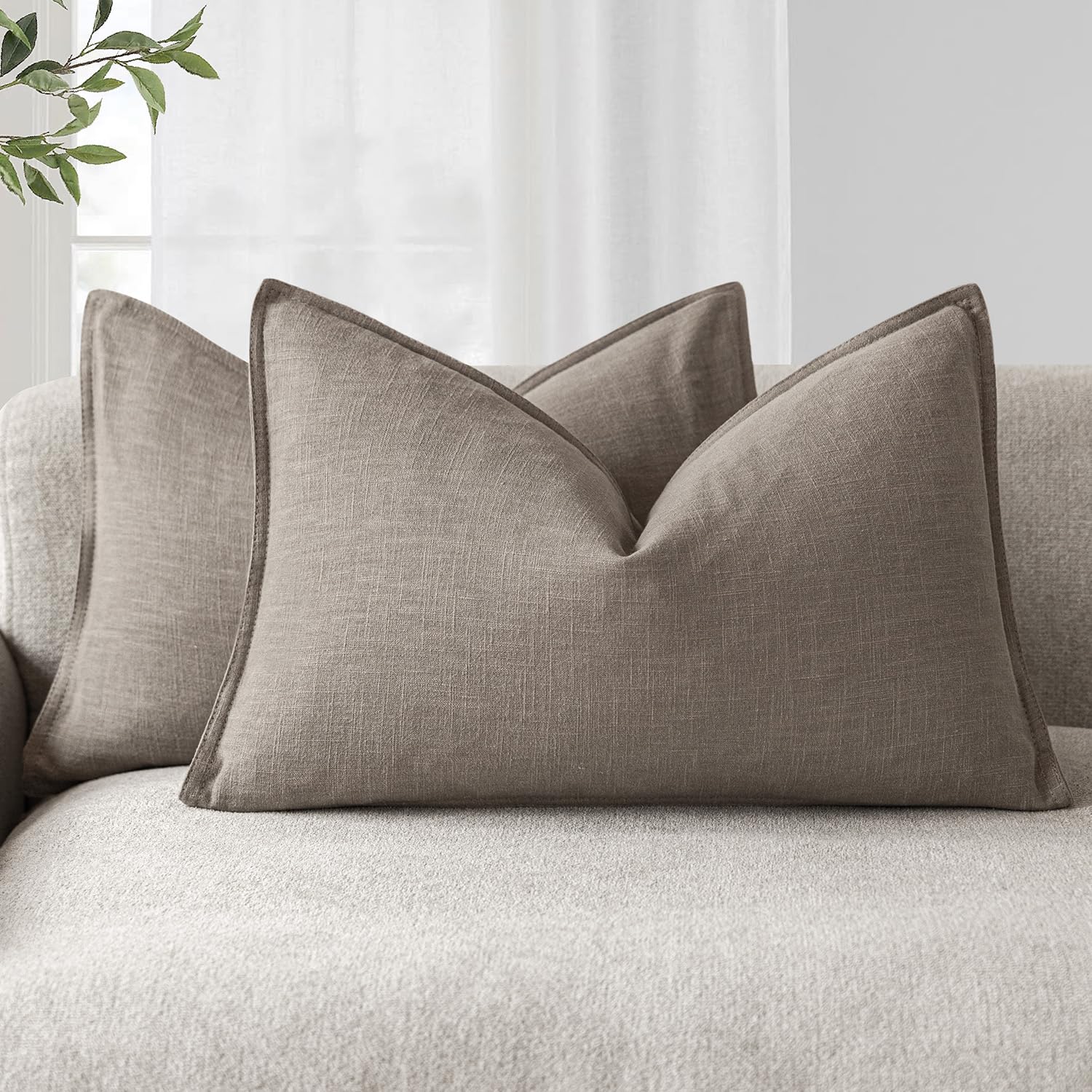 Foindtower Set of 2, Decorative Linen Soild Throw Pillow Covers Soft Accent Cushion Euro Case Boho Farmhouse Pillowcase for Chair Couch Sofa Bedroom Living Room Home Decor 20 x 20 Inch Natural Linen