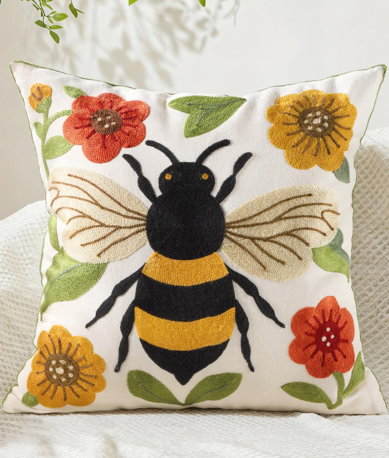Embroidered Throw Pillow Cover 18x18 Inch - Spring Boho Decorative Pillow Covers with Zipper for Couch Sofa Bedroom Living Room Cushion Pillowcase, Birds Leaves