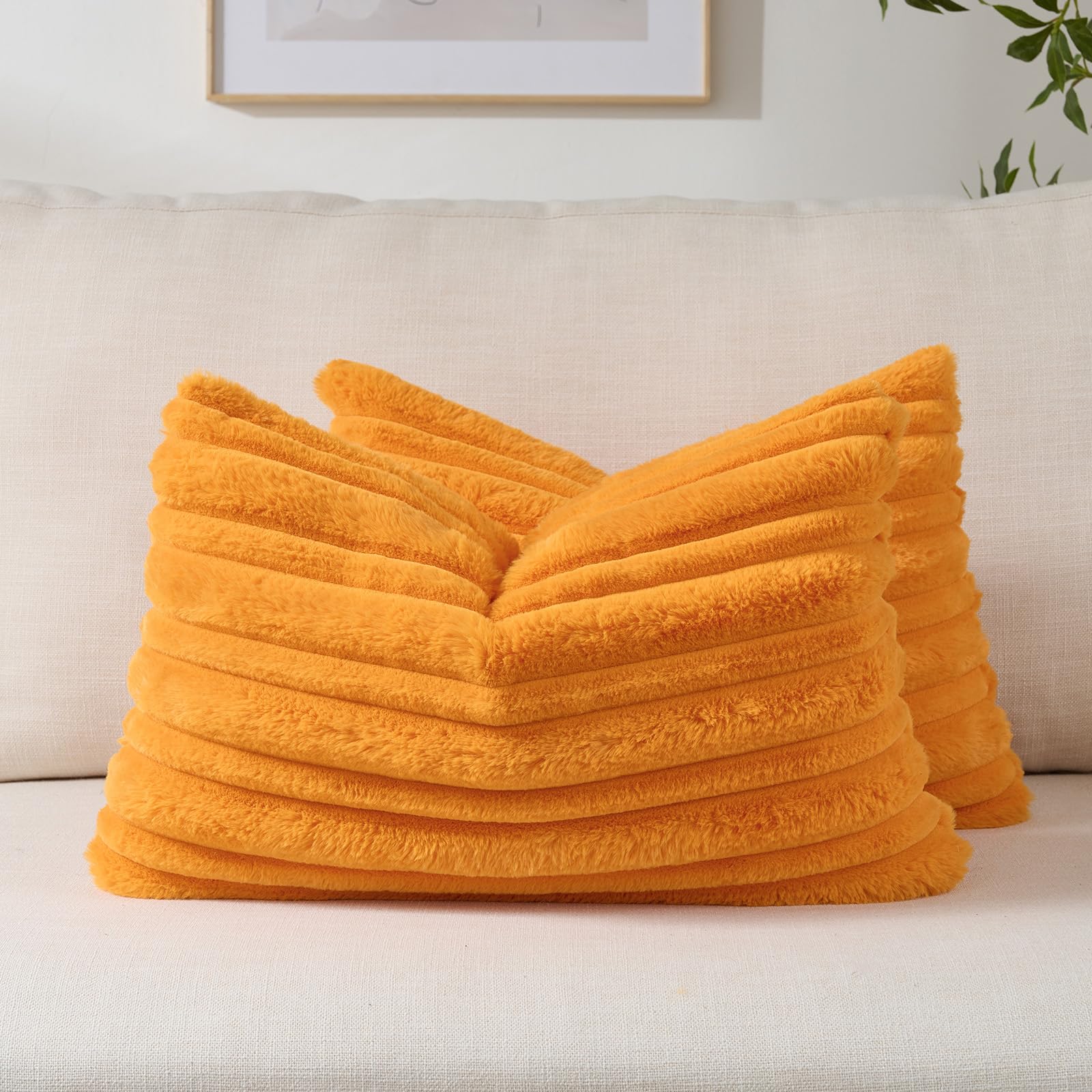 FUTEI Camel Decorative Throw Pillow Covers 18x18 Inch Set of 2,Soft Fluffy Faux Rabbit Fur Thick & Thin Striped Textured Cushion Case,Modern Home Decor for Couch Bed Living Room