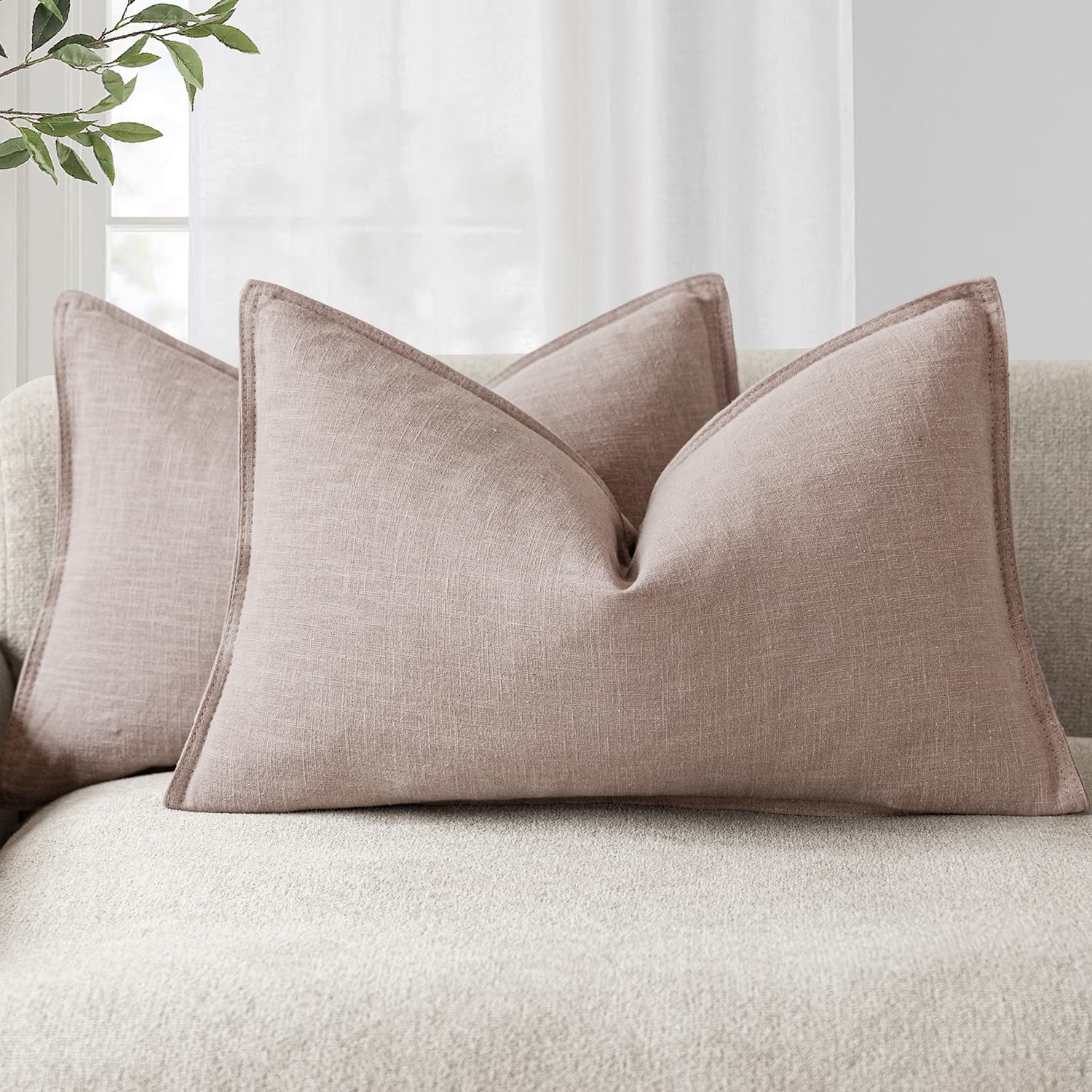 Foindtower Set of 2, Decorative Linen Soild Throw Pillow Covers Soft Accent Cushion Euro Case Boho Farmhouse Pillowcase for Chair Couch Sofa Bedroom Living Room Home Decor 20 x 20 Inch Natural Linen