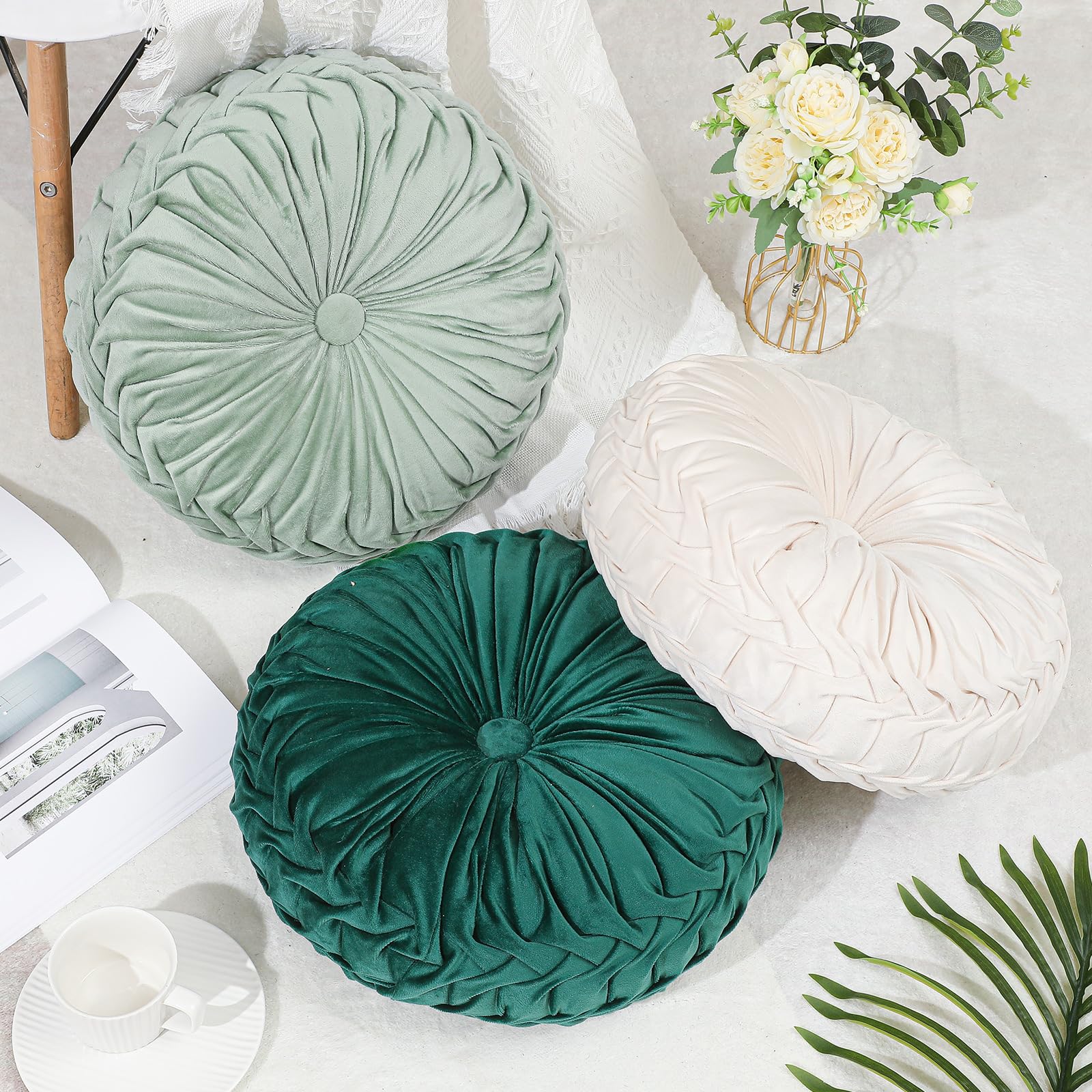 Drydiet 1 Pcs Round Throw Velvet Pillows Decorative Pleated Throw Pillows 15'' Diameter Accent Pumpkin Boho Chair Cushion for Couch Sofa Home Decoration (Olive Green)